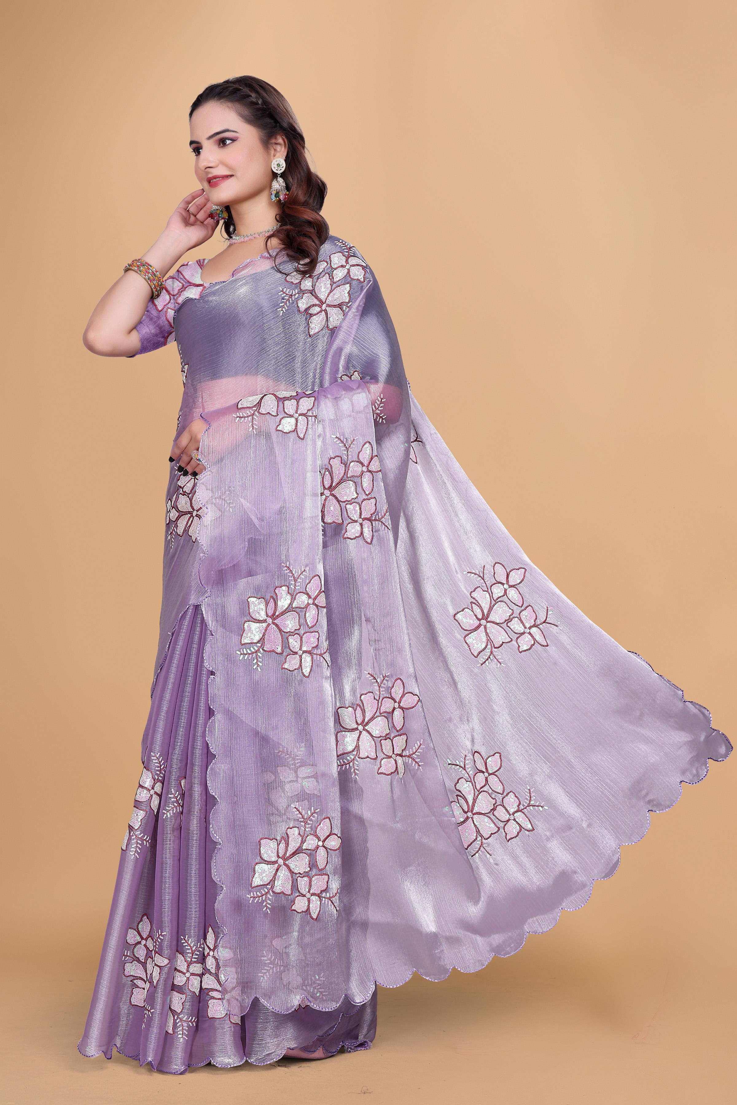 Lavender Organza Floral Embroidery designer Saree