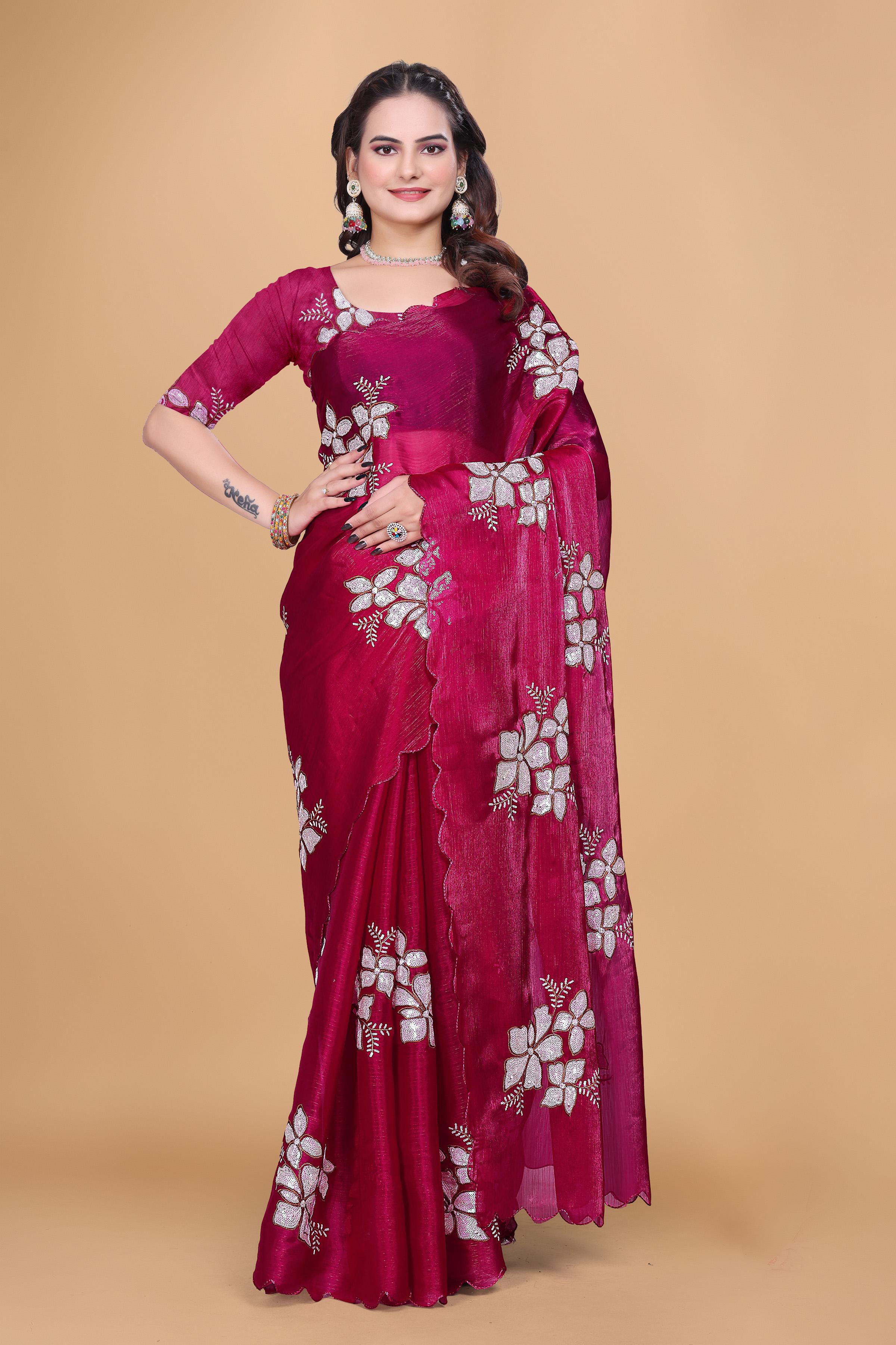 Rani Organza Floral Embroidery designer Saree