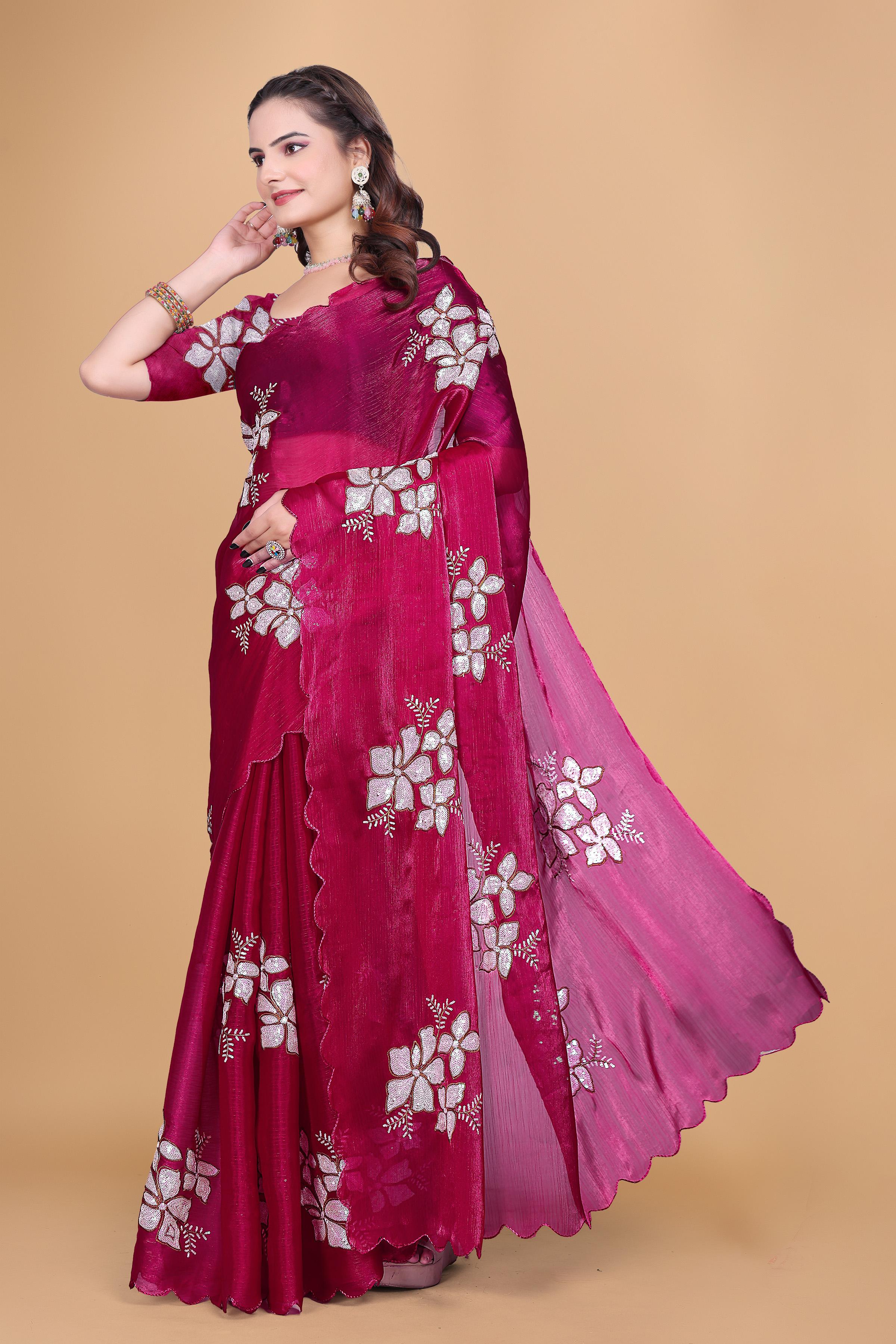 Rani Organza Floral Embroidery designer Saree