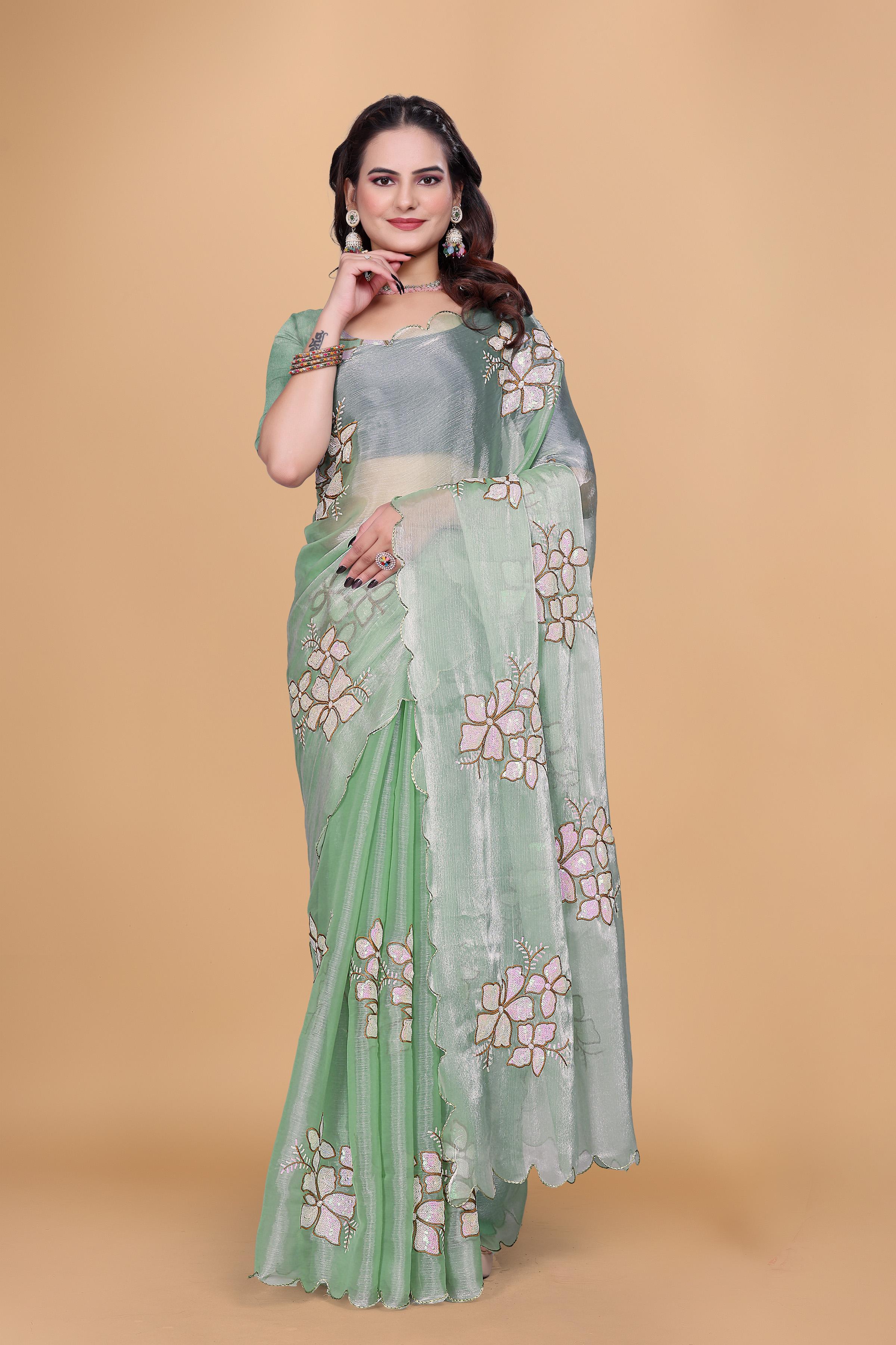 Mint Green Organza Floral Embroidery designer Saree
