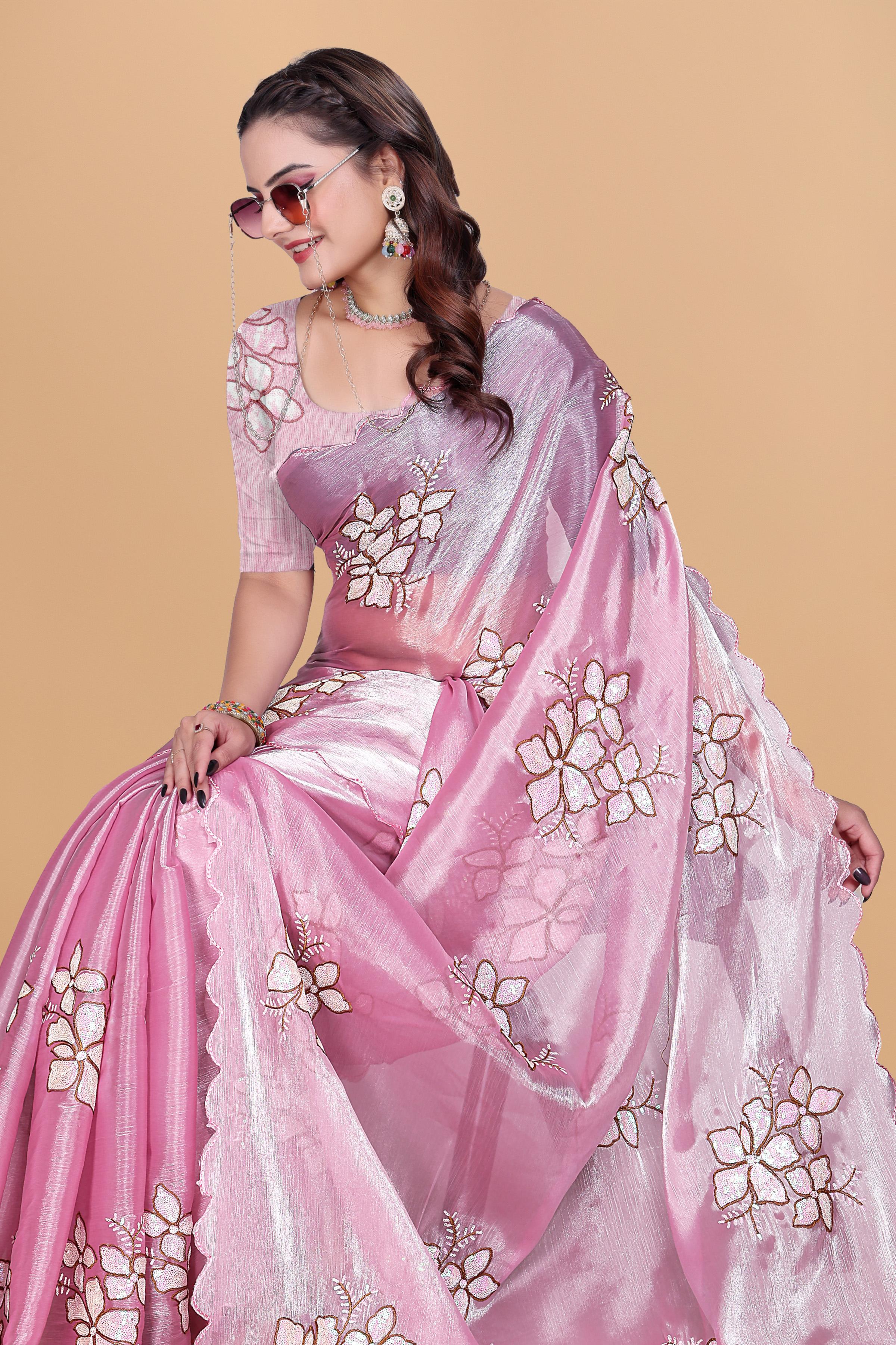 Baby Pink Organza Floral Embroidery designer Saree
