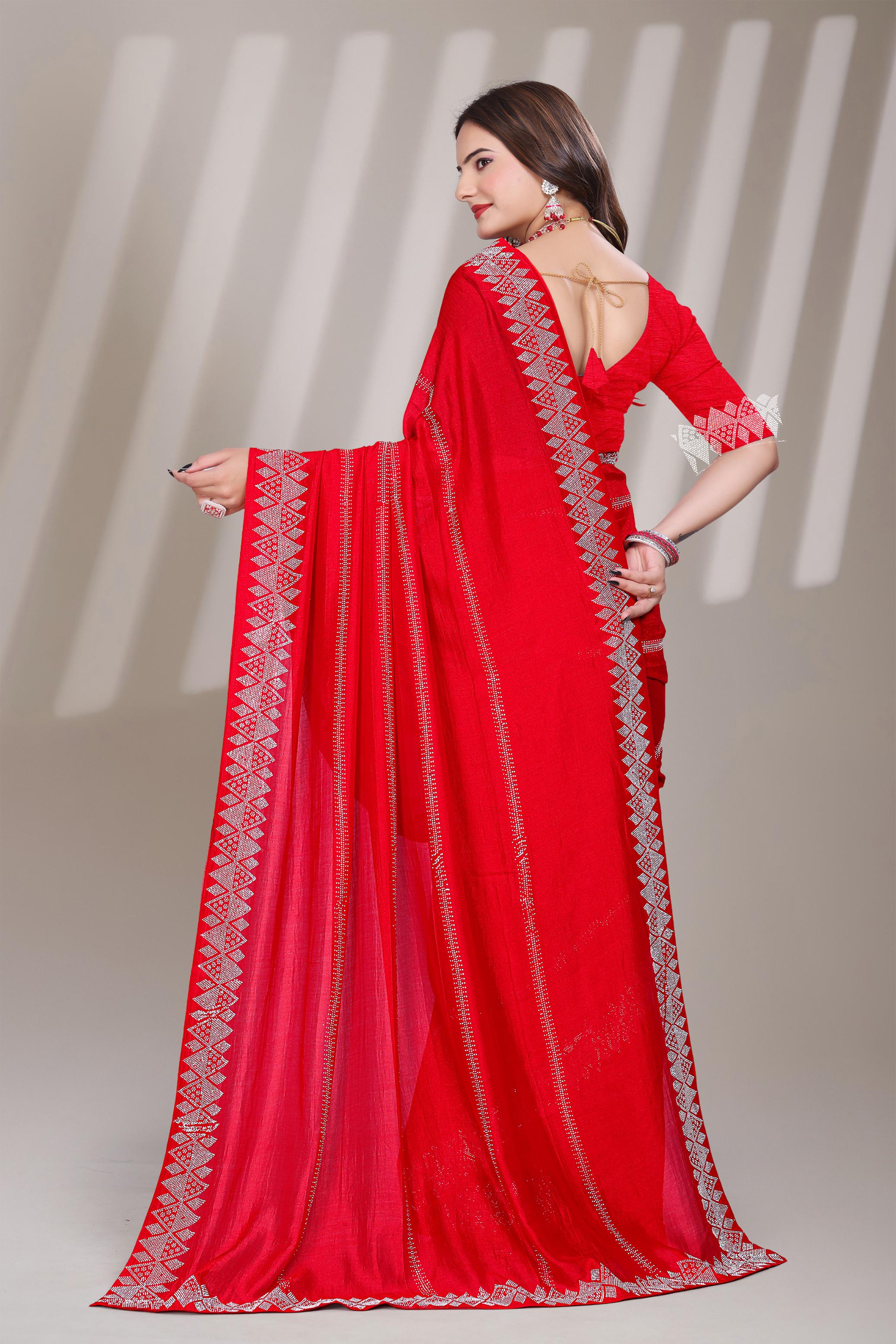 Red Georgette Diamond Work Saree