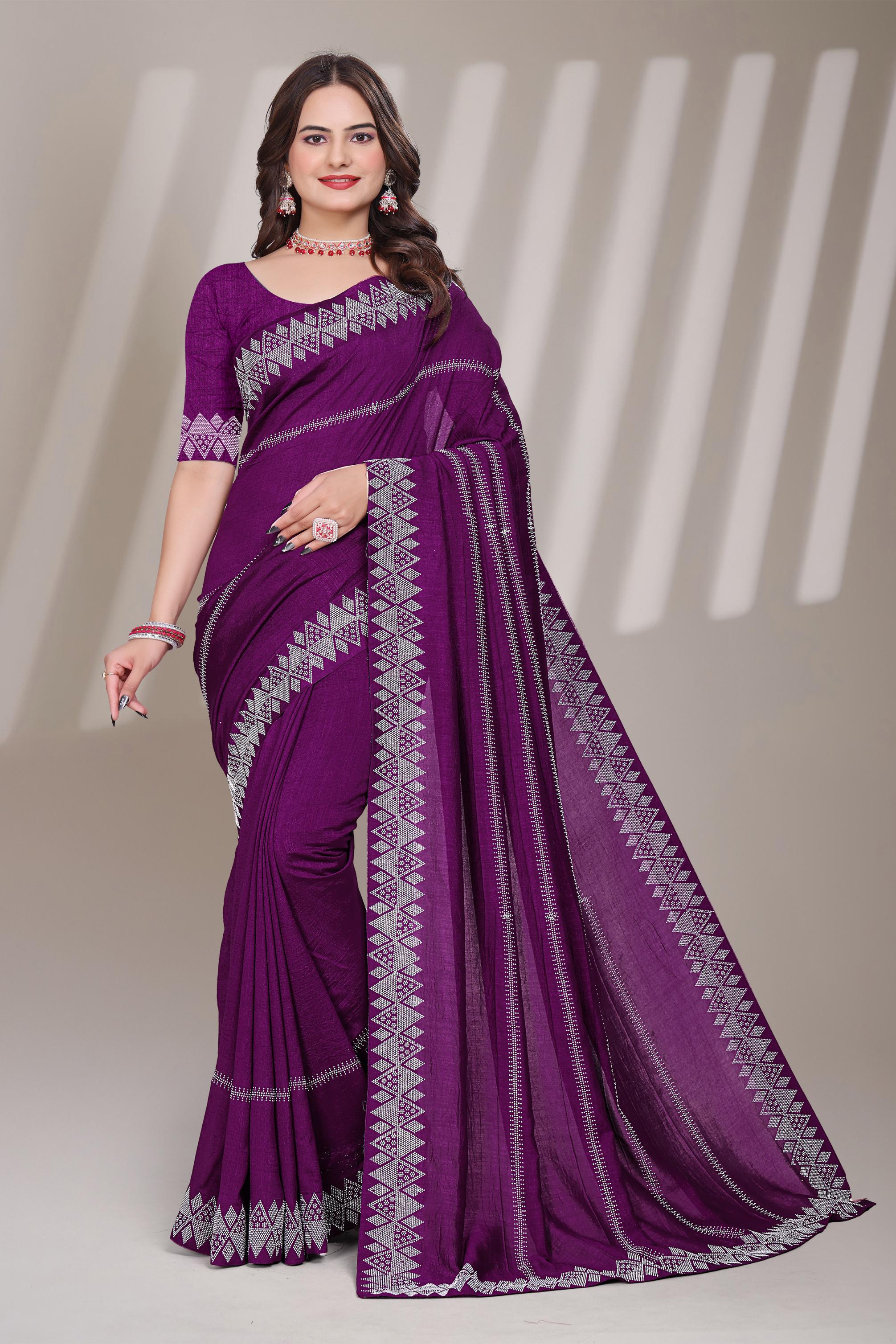 Purple Georgette Diamond Work Saree