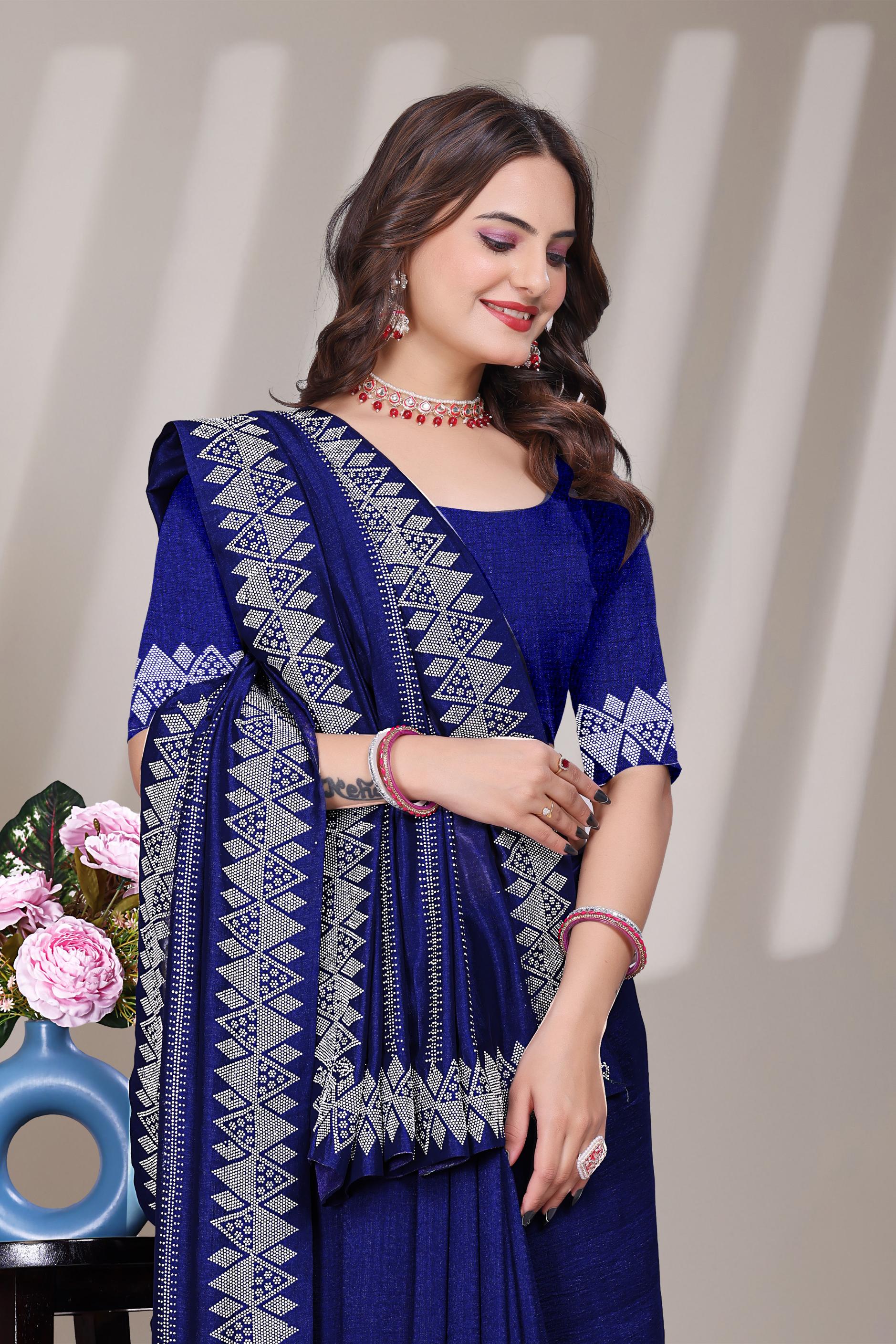 Navy Blue Georgette Diamond Work Saree