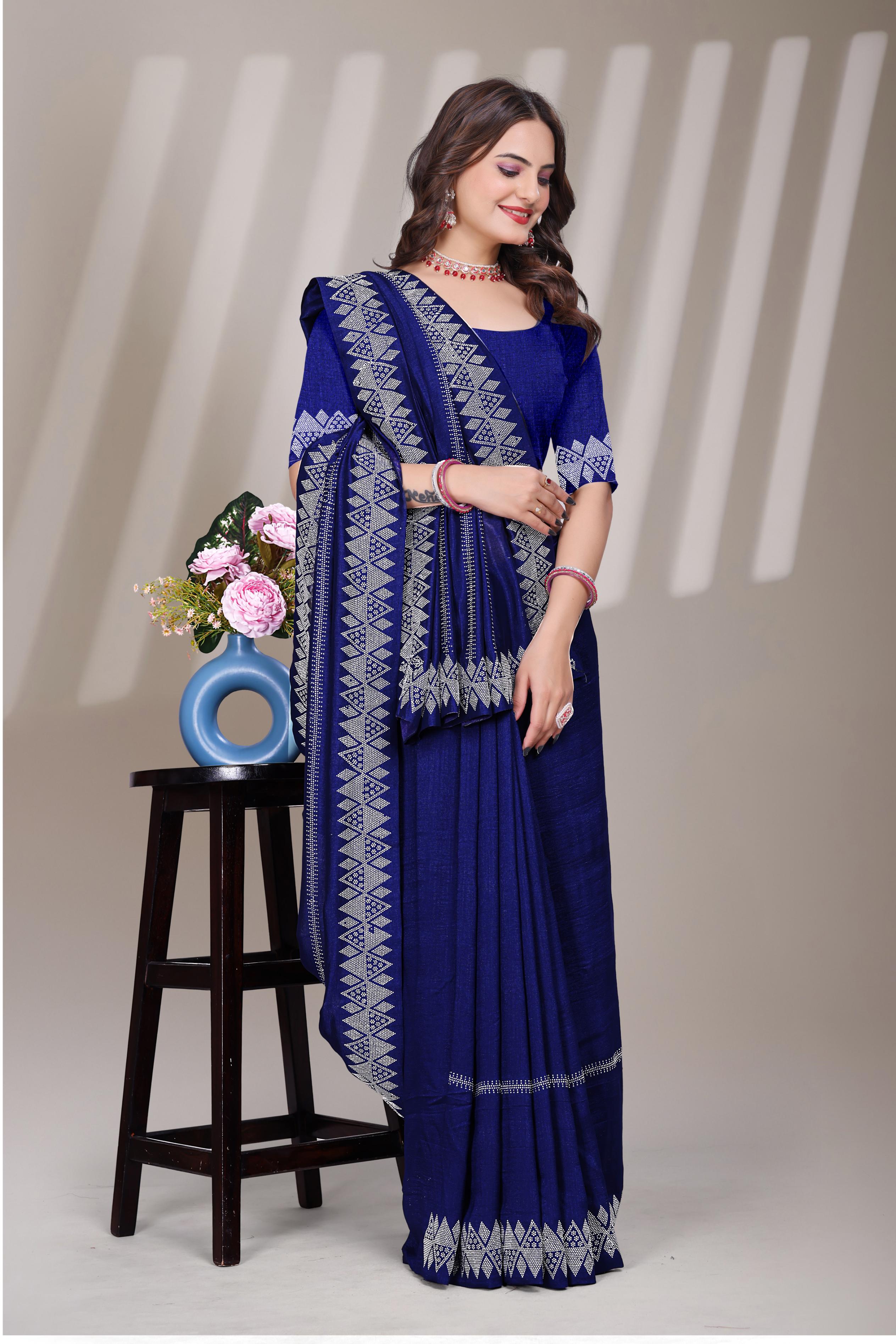 Navy Blue Georgette Diamond Work Saree