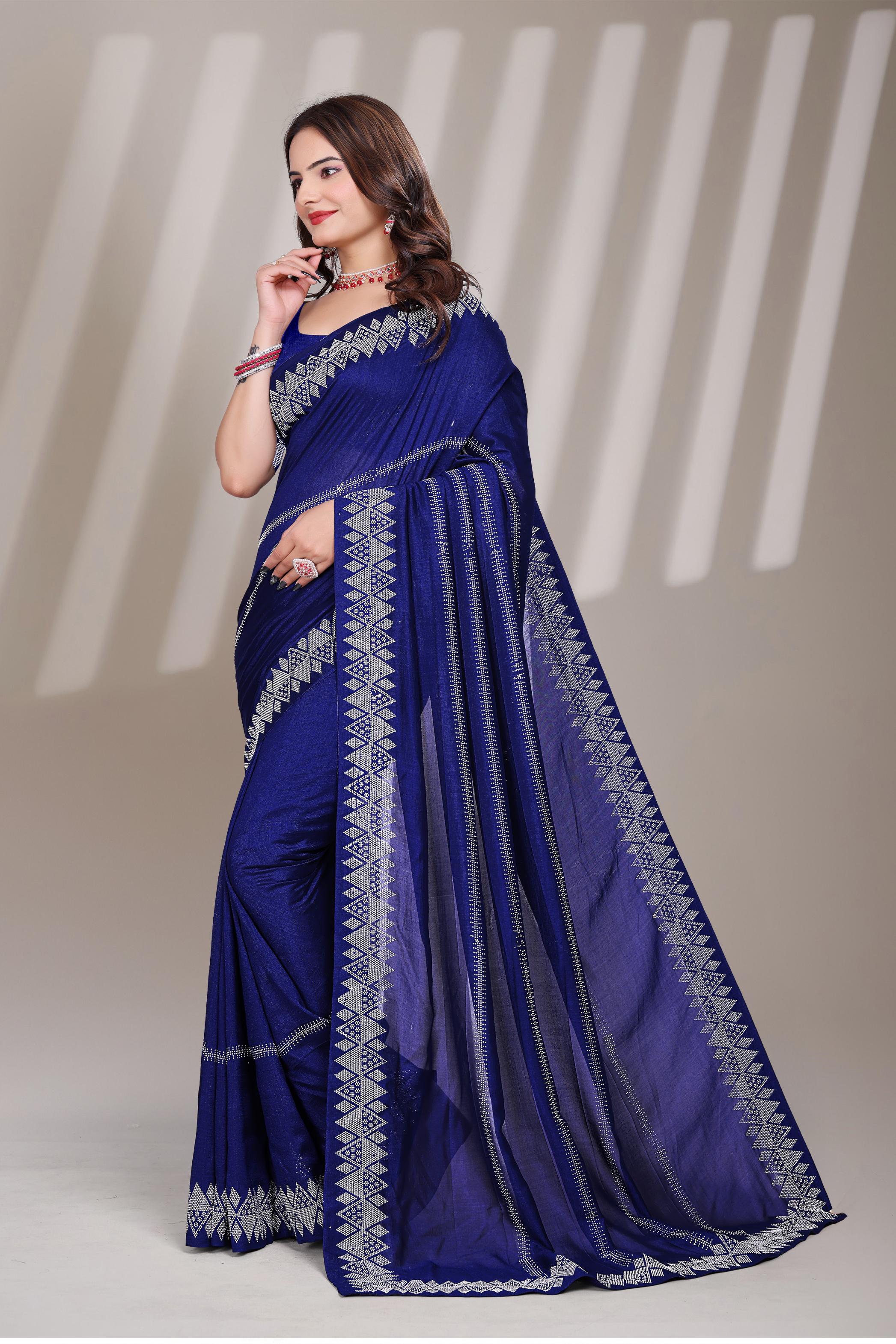 Navy Blue Georgette Diamond Work Saree