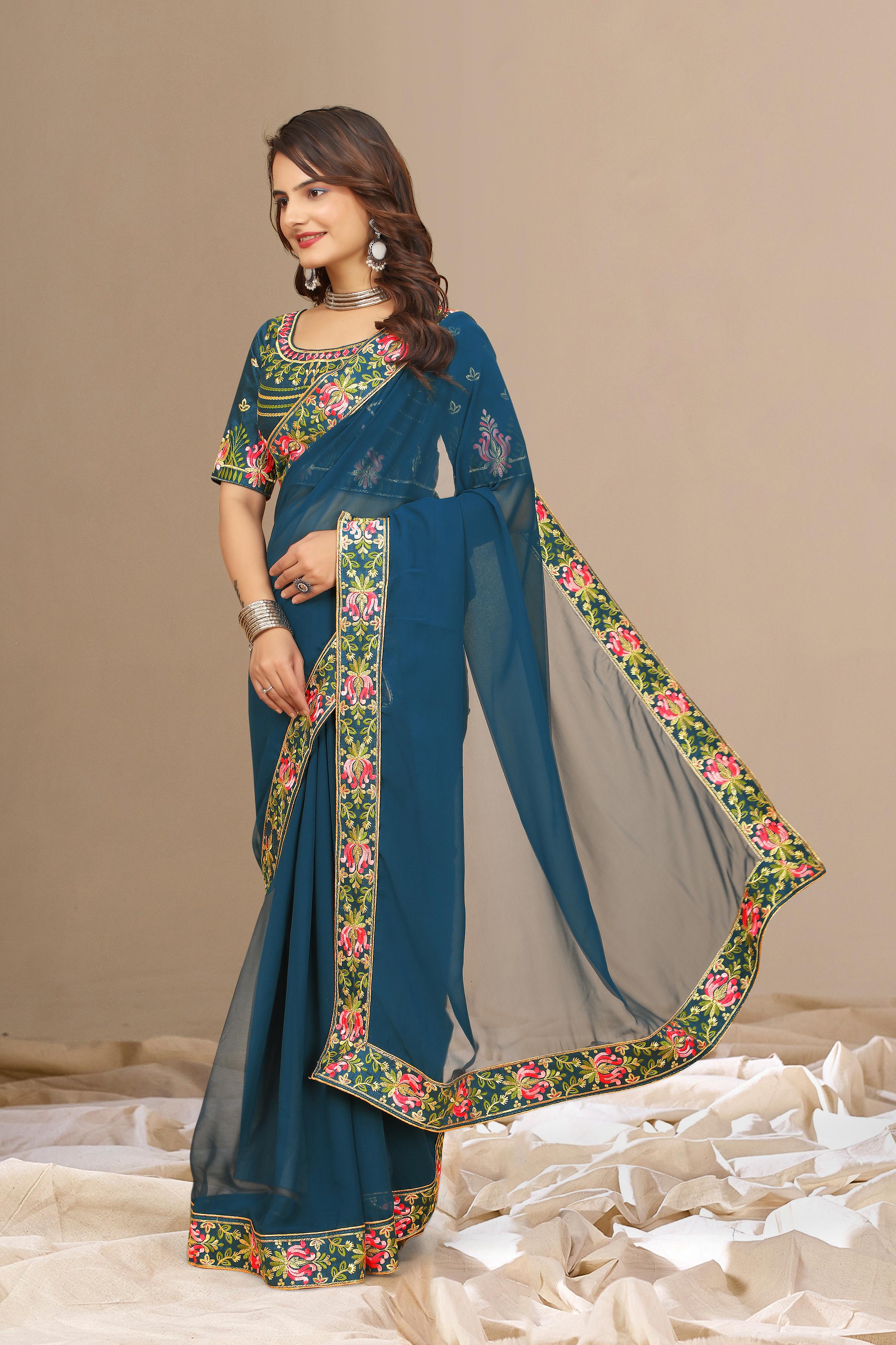 Rama Blue Georgette with Floral Embroidery Lace Border Saree