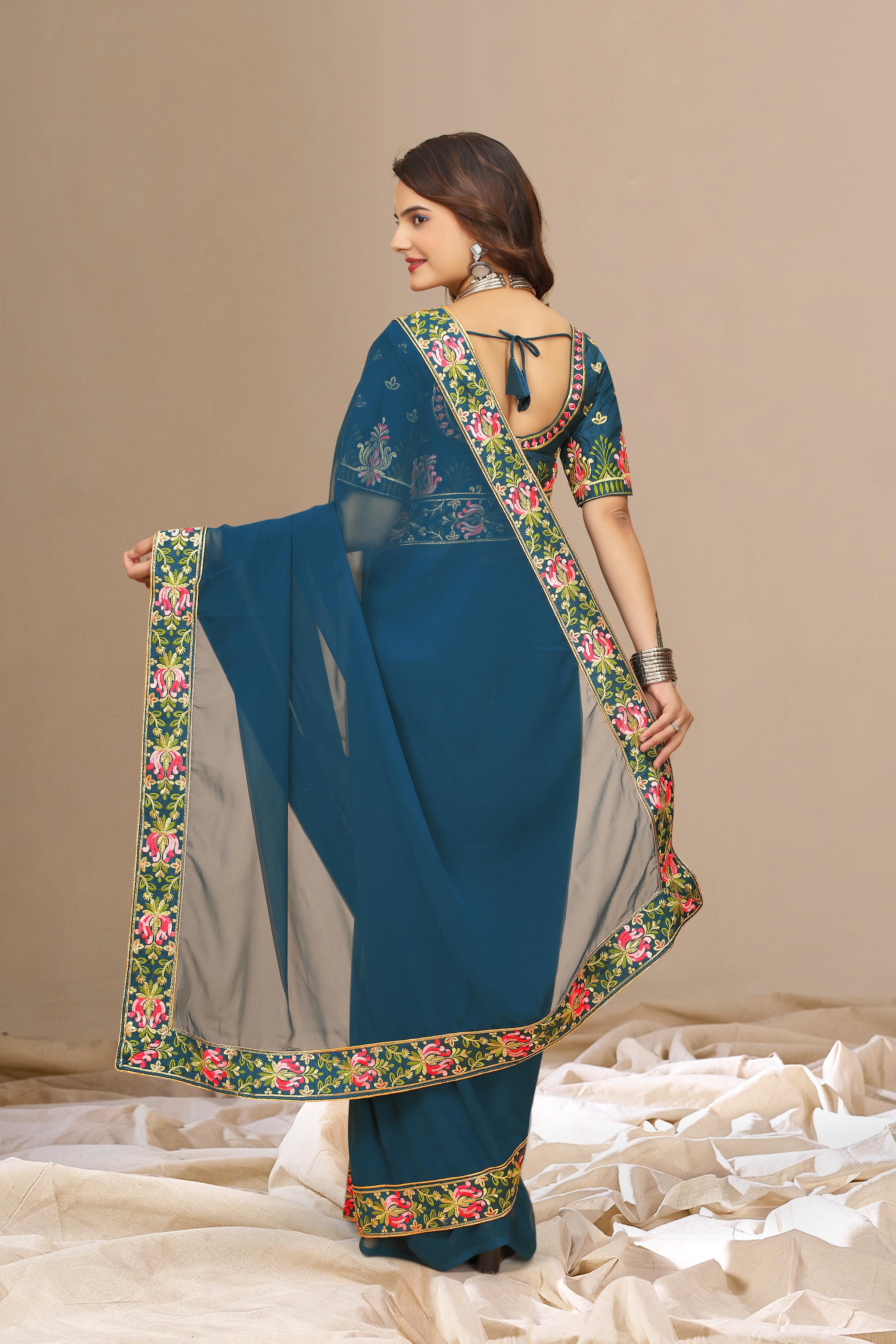 Rama Blue Georgette with Floral Embroidery Lace Border Saree