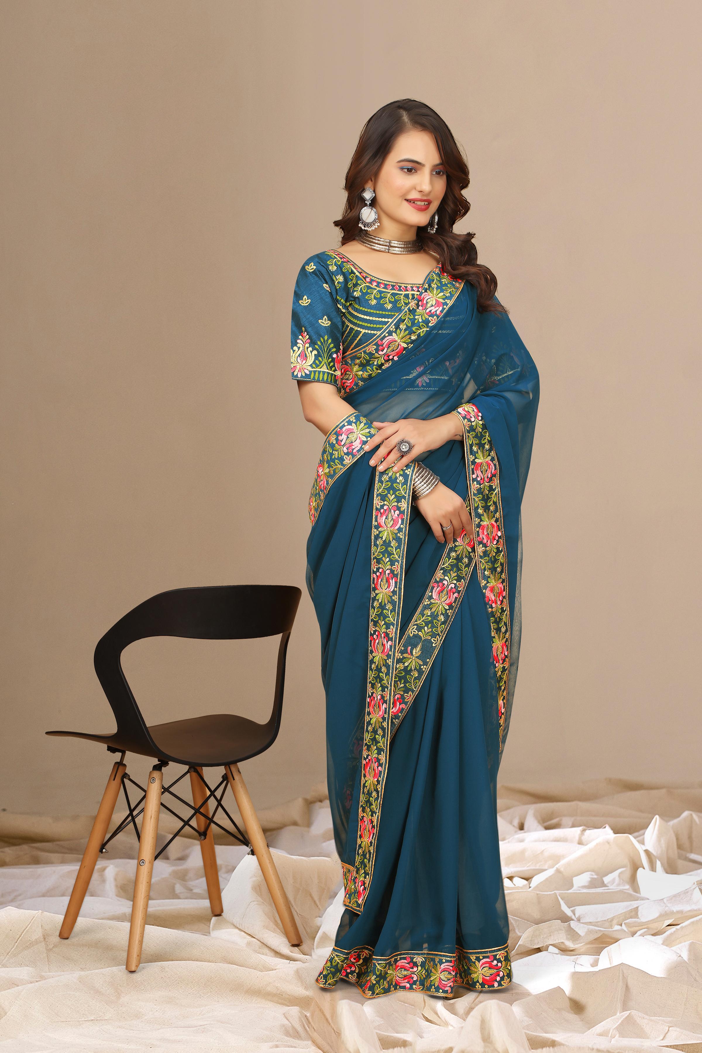 Rama Blue Georgette with Floral Embroidery Lace Border Saree