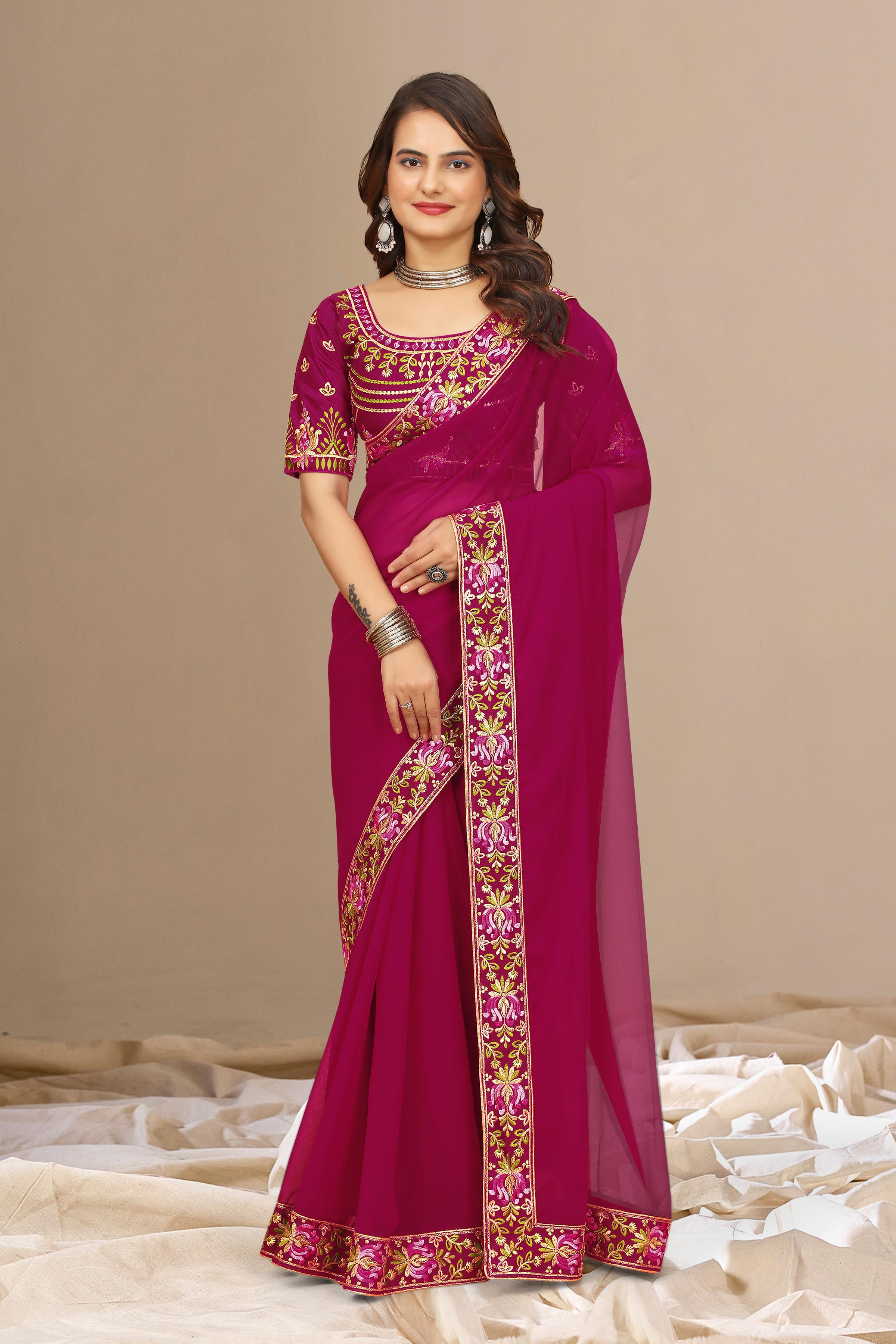 Rani Georgette with Floral Embroidery Lace Border Saree