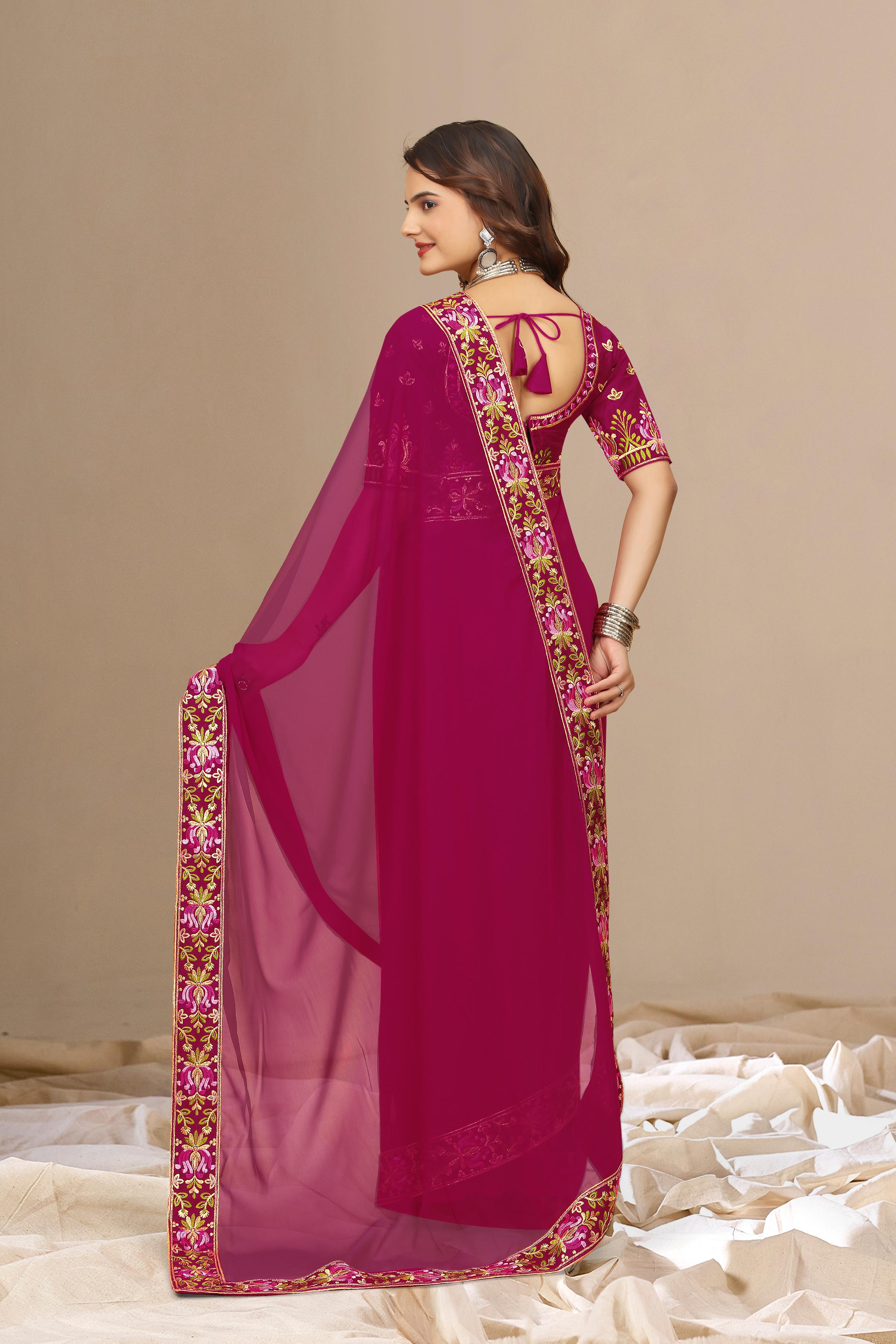 Rani Georgette with Floral Embroidery Lace Border Saree