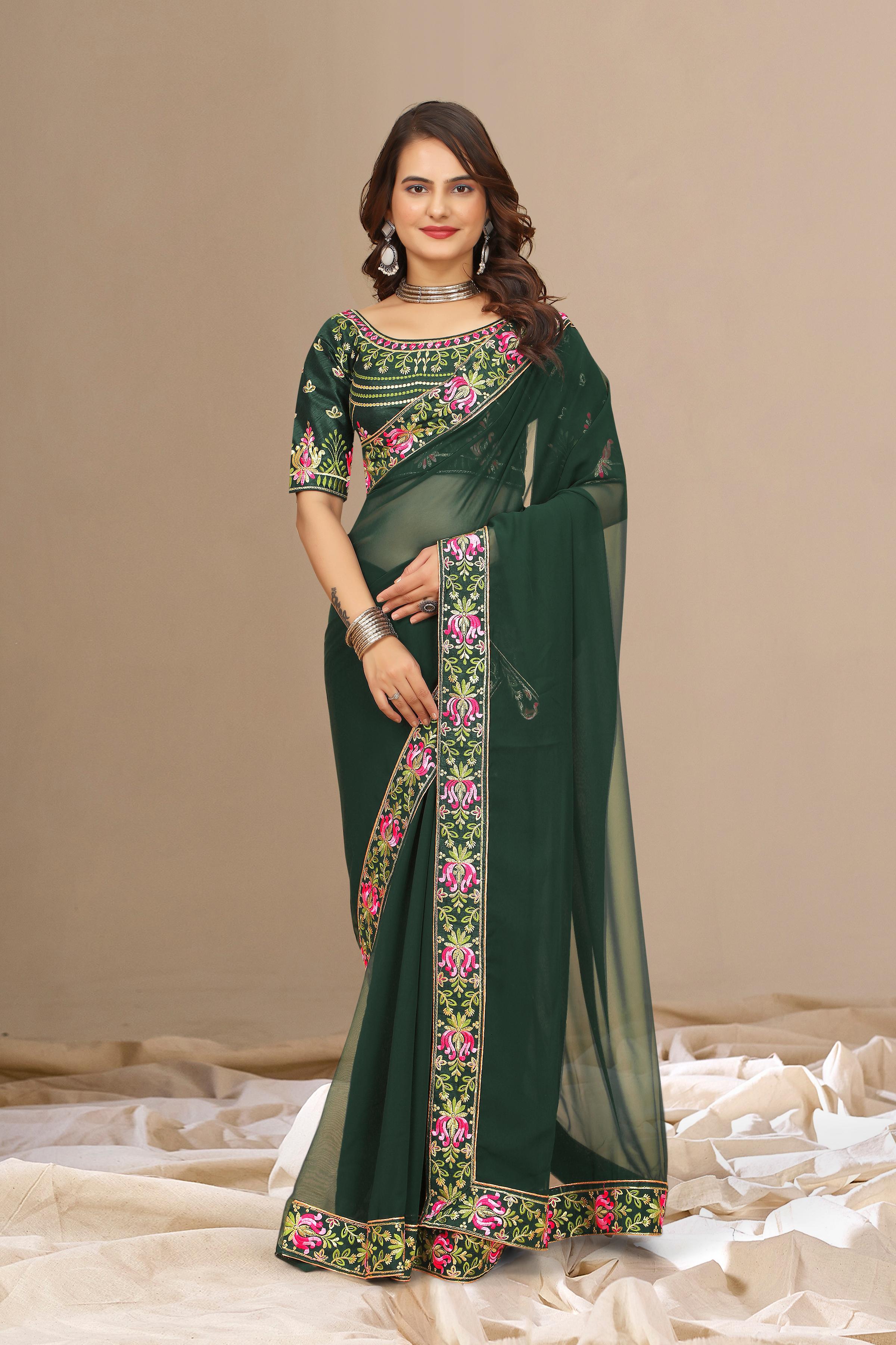 Green Georgette with Floral Embroidery Lace Border Saree