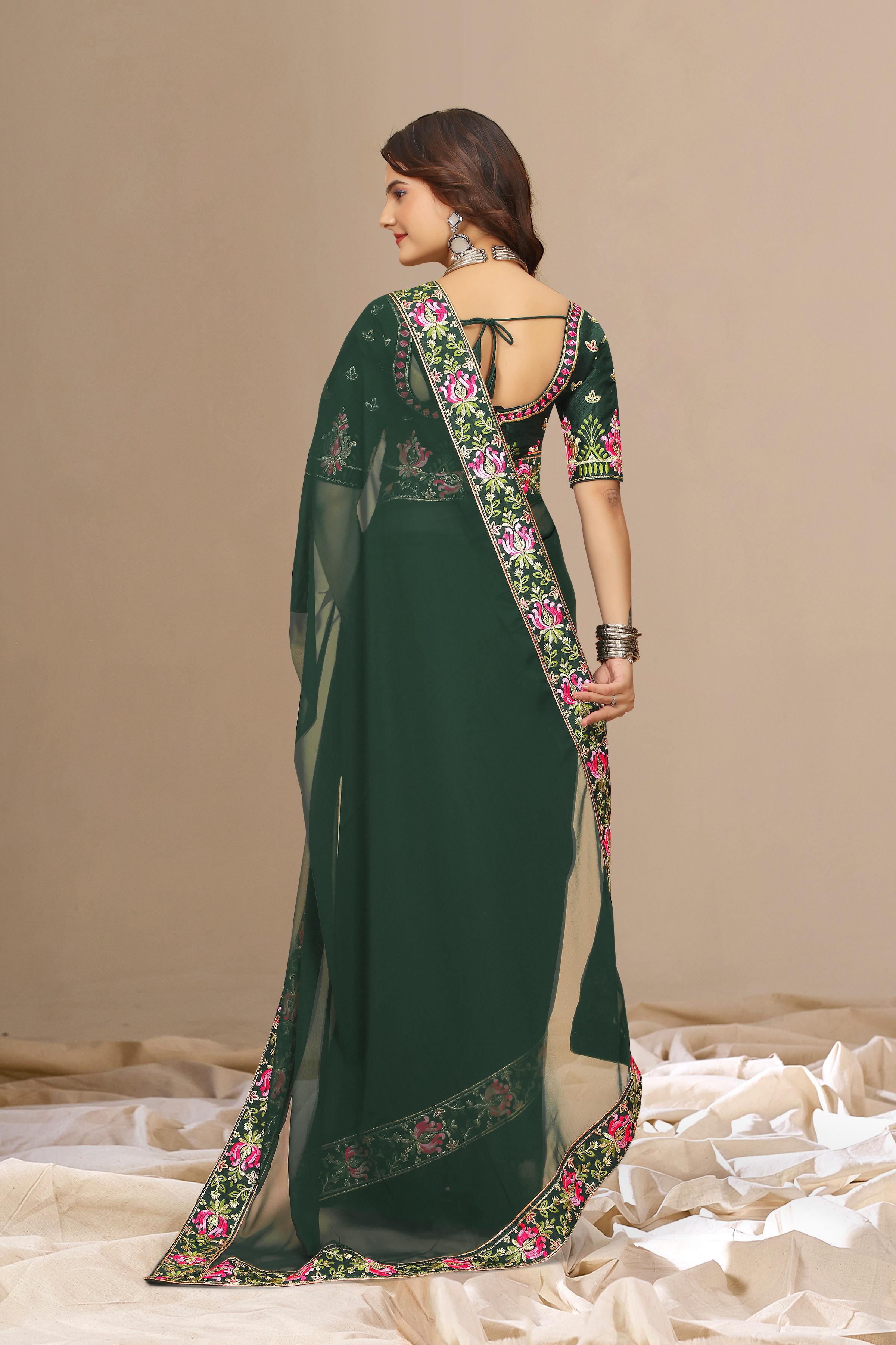 Green Georgette with Floral Embroidery Lace Border Saree