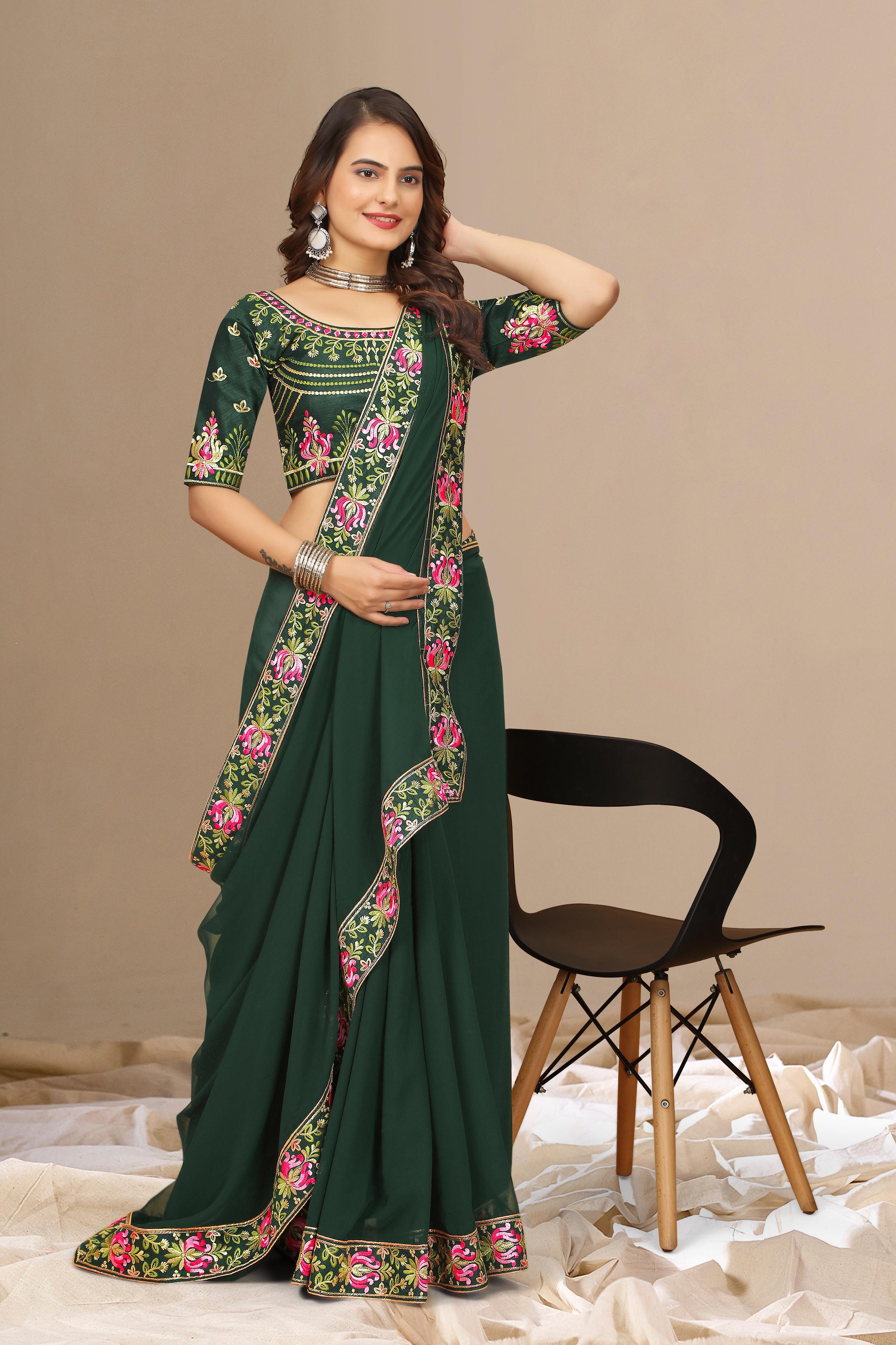 Green Georgette with Floral Embroidery Lace Border Saree