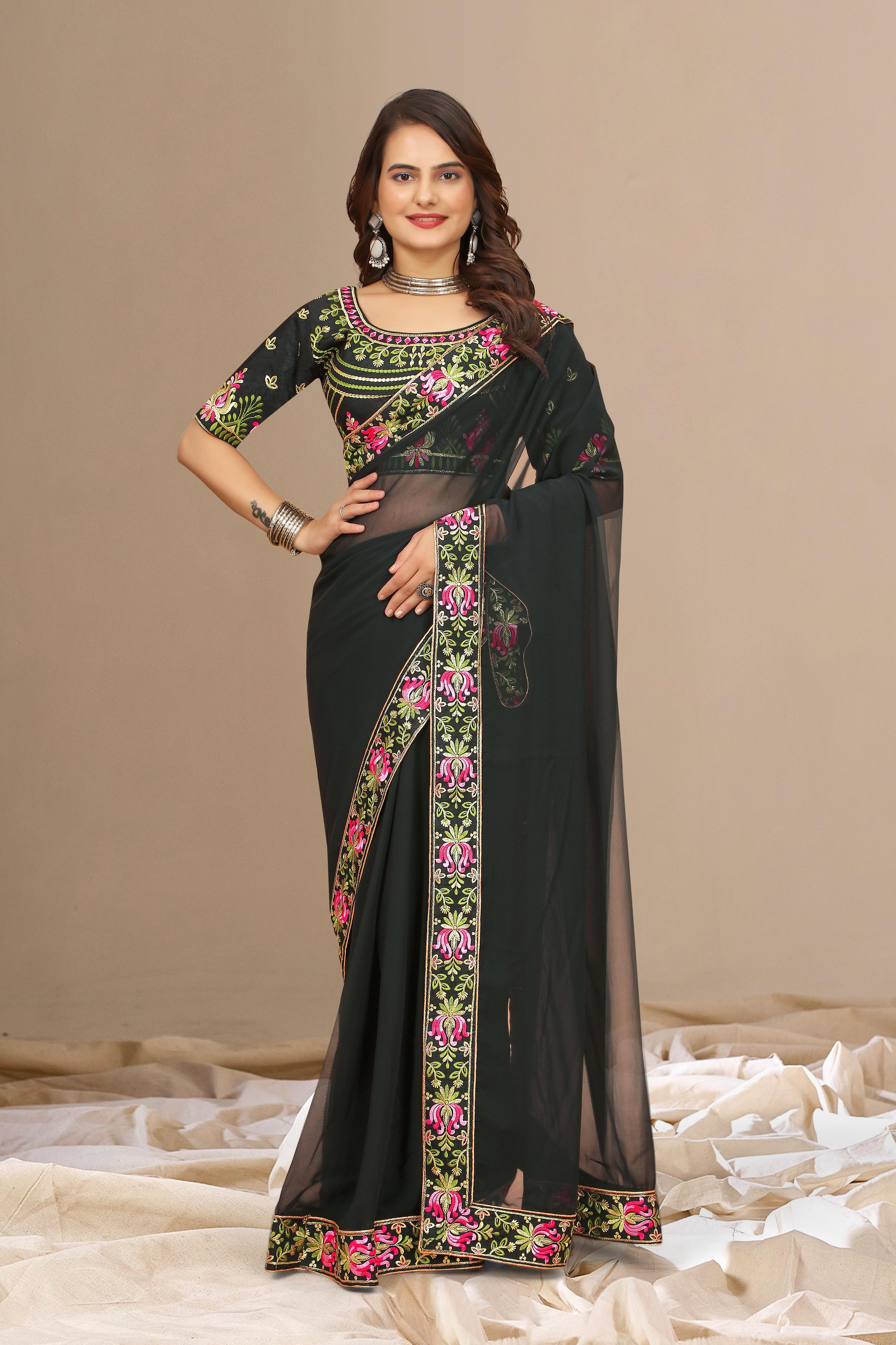 Black Georgette with Floral Embroidery Lace Border Saree