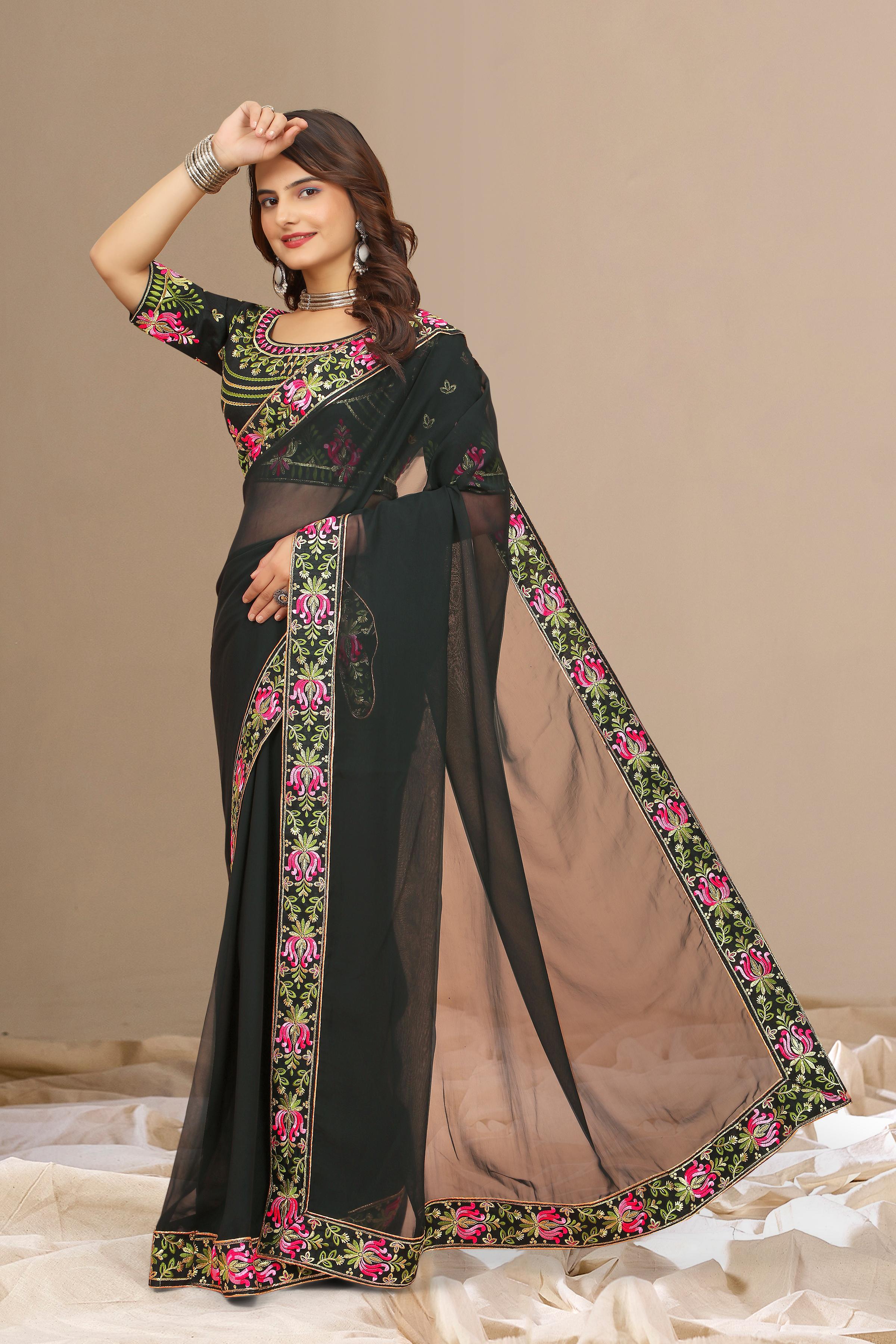 Black Georgette with Floral Embroidery Lace Border Saree