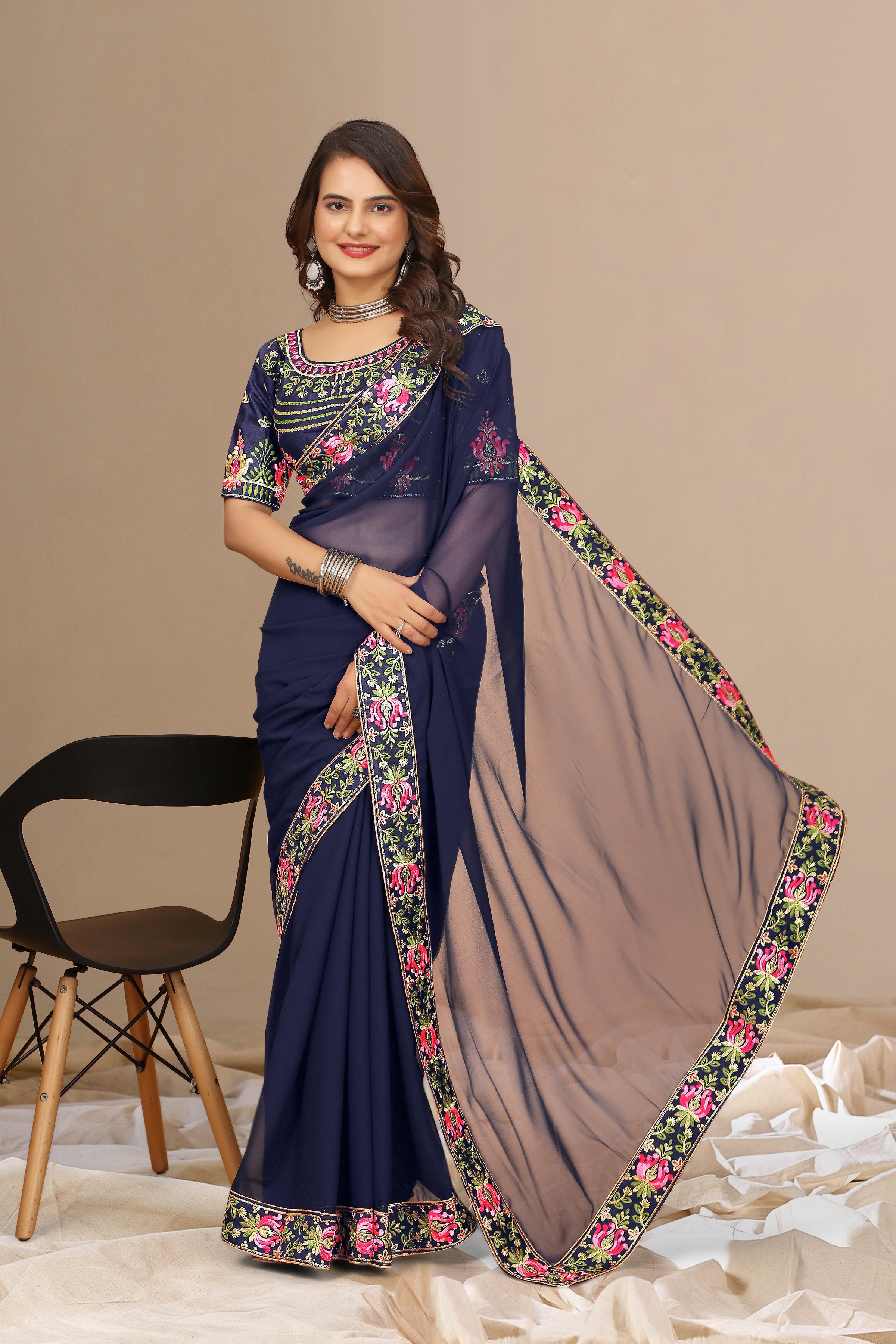 Blue Georgette with Floral Embroidery Lace Border Saree