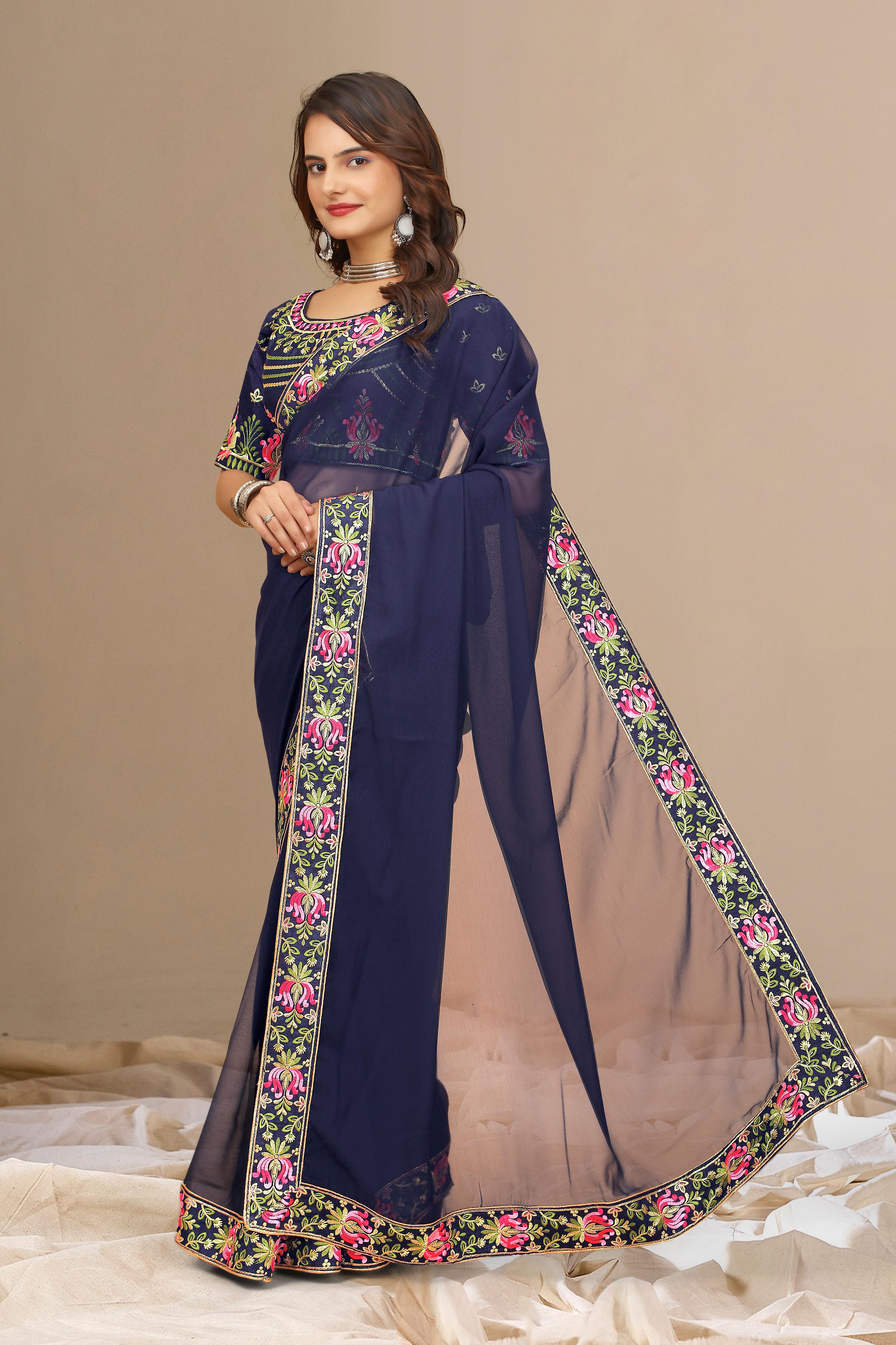 Blue Georgette with Floral Embroidery Lace Border Saree