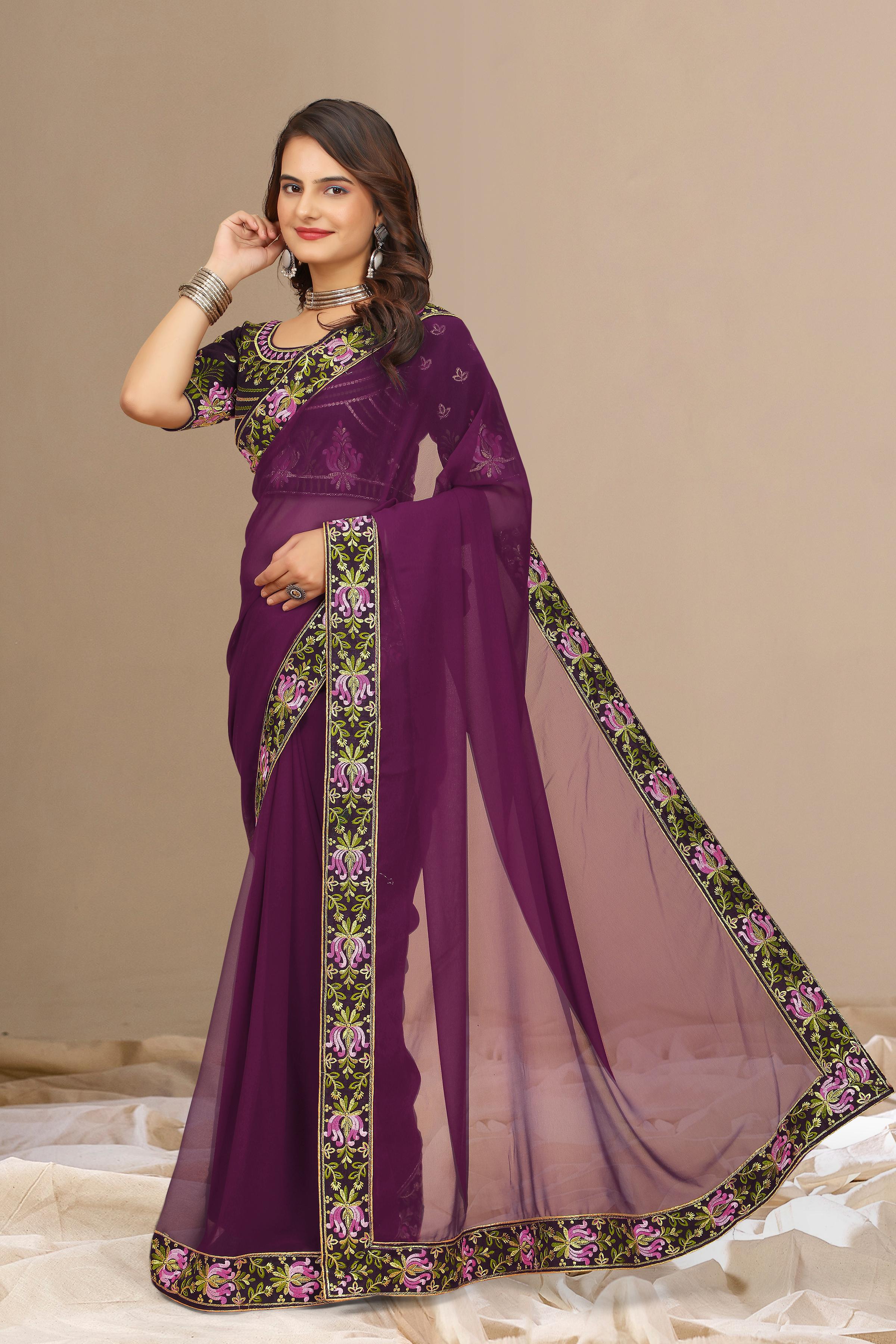 Purple Georgette with Floral Embroidery Lace Border Saree