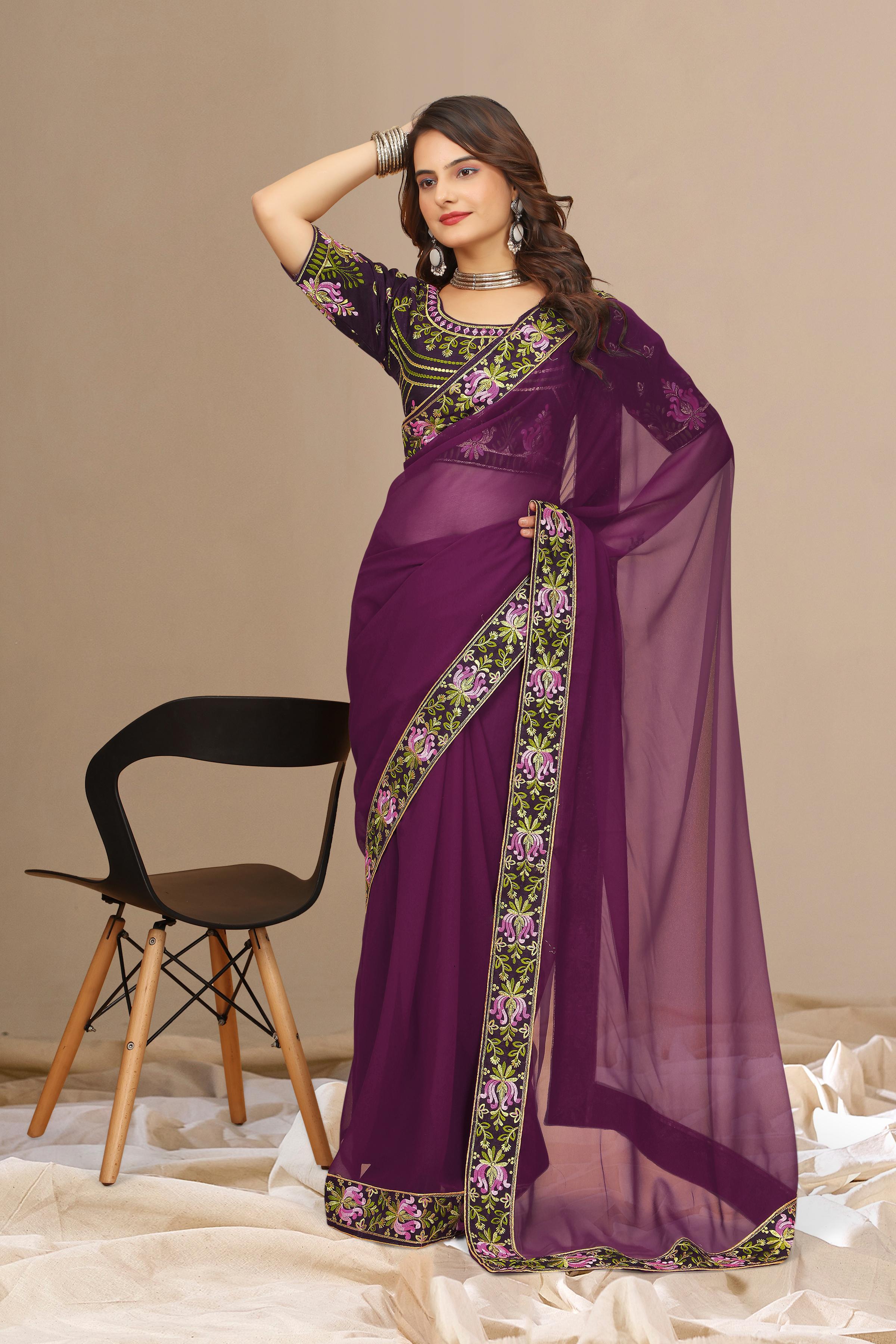 Purple Georgette with Floral Embroidery Lace Border Saree