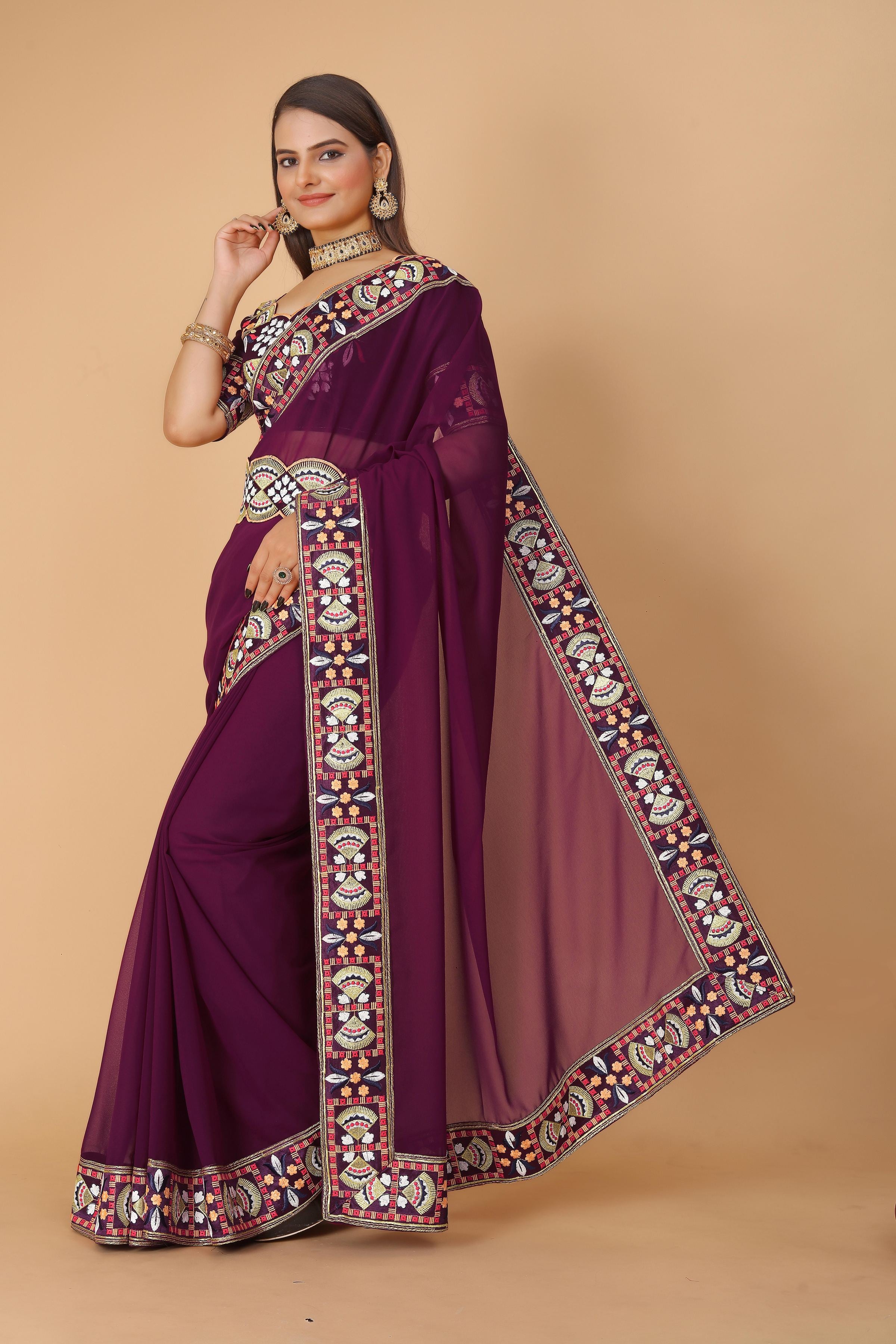 Wine Georgette Saree with Heavy Ethnic Embroidery Border