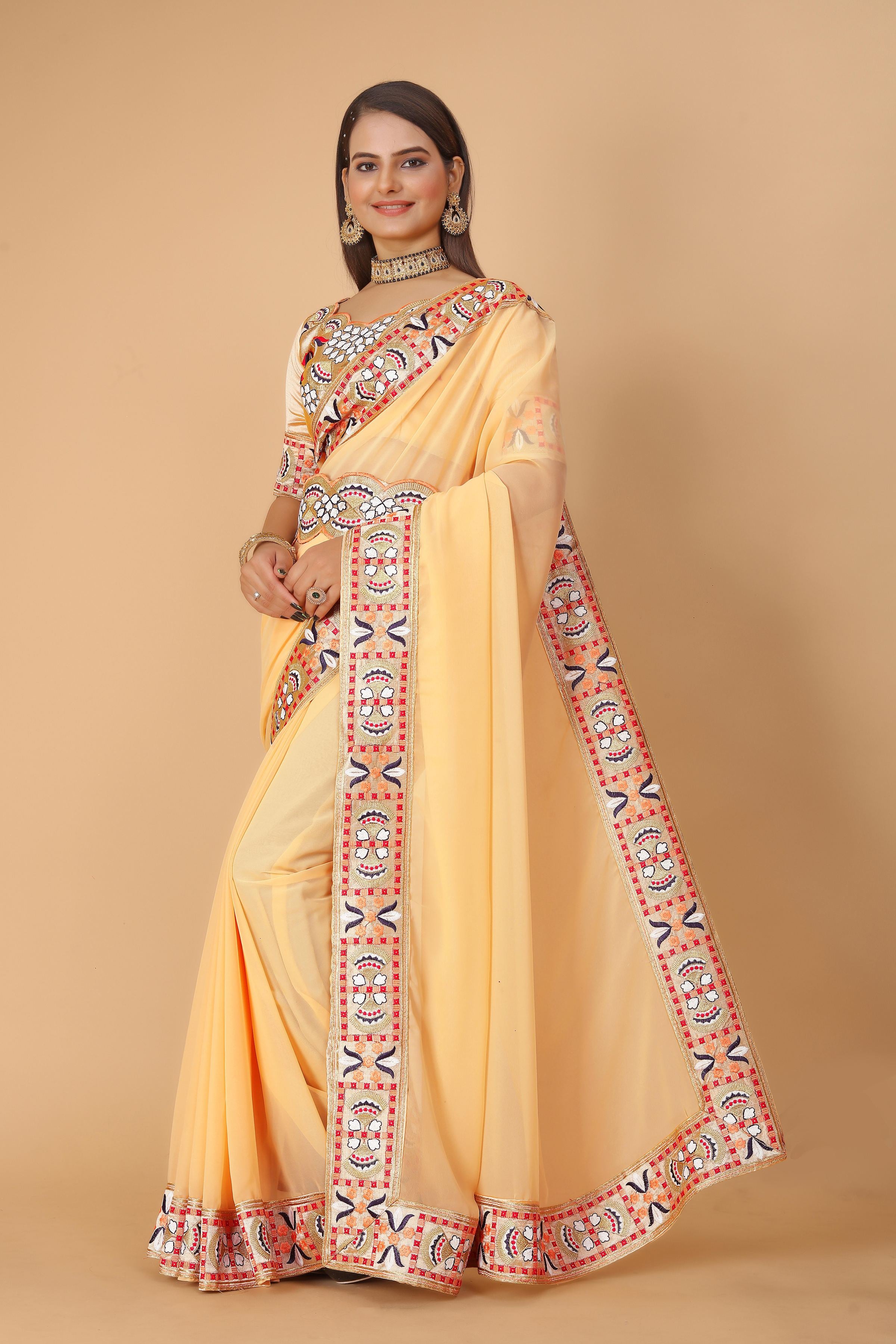 Yellow Georgette Saree with Heavy Ethnic Embroidery Border