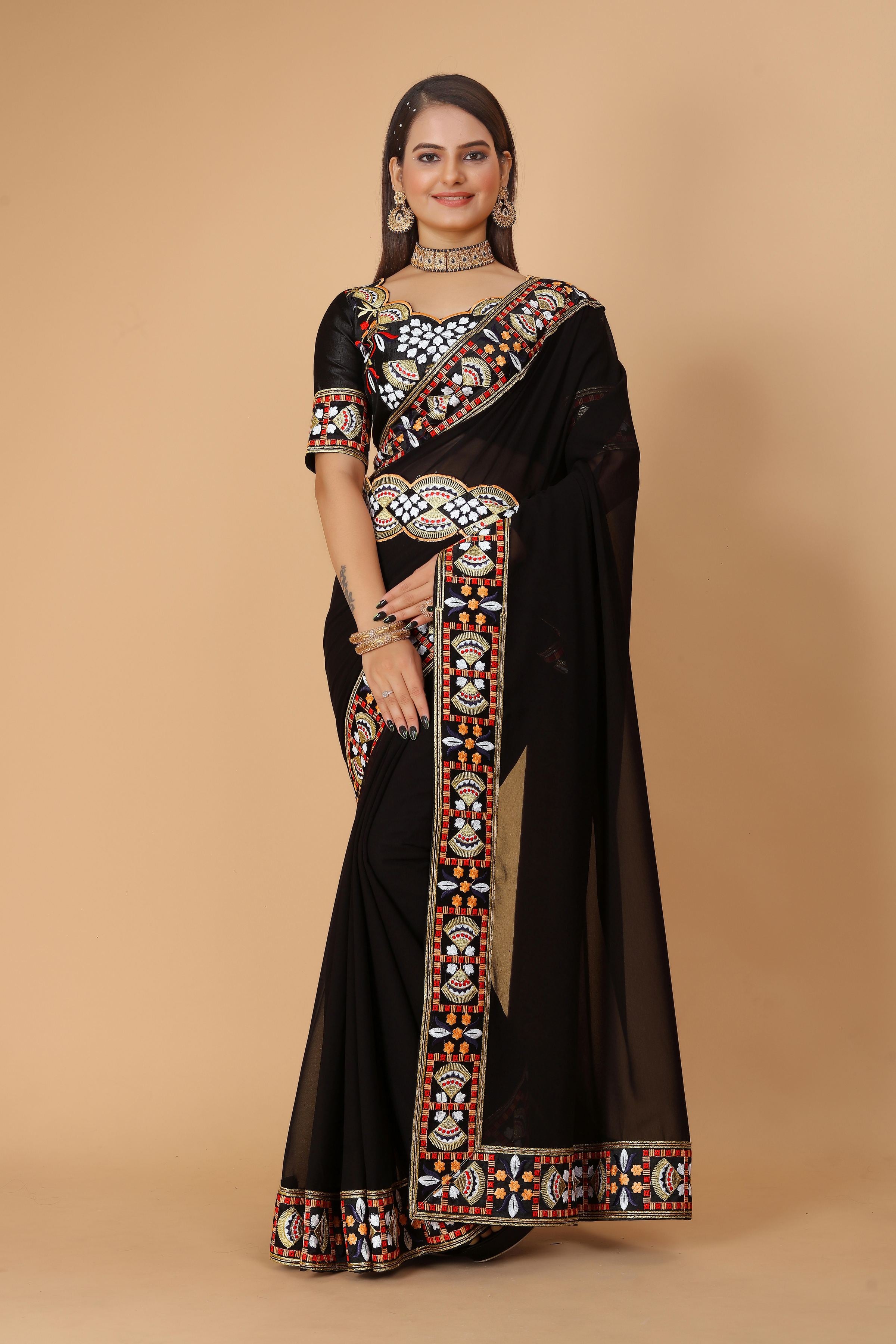 Black Georgette Saree with Heavy Ethnic Embroidery Border