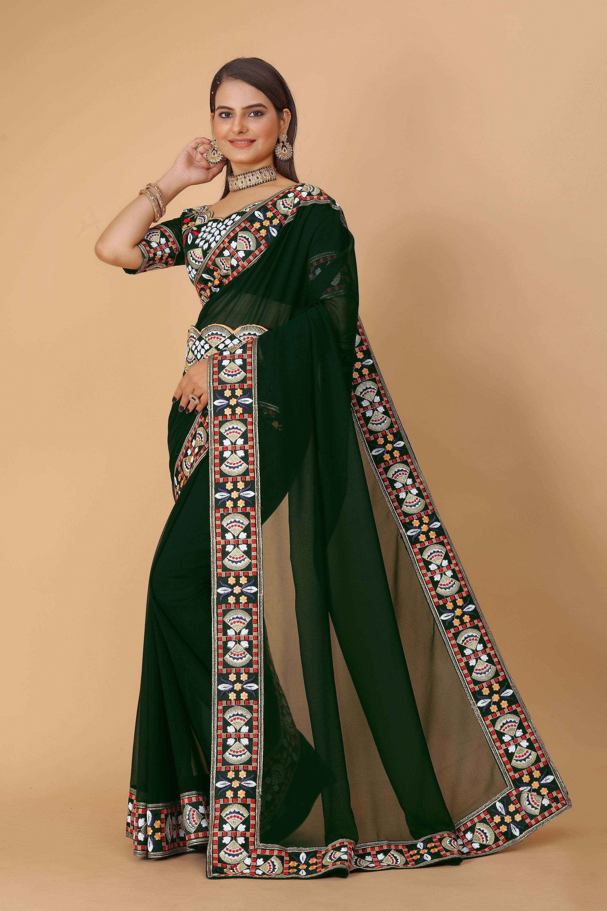Bottle Green Georgette Saree with Heavy Ethnic Embroidery Border