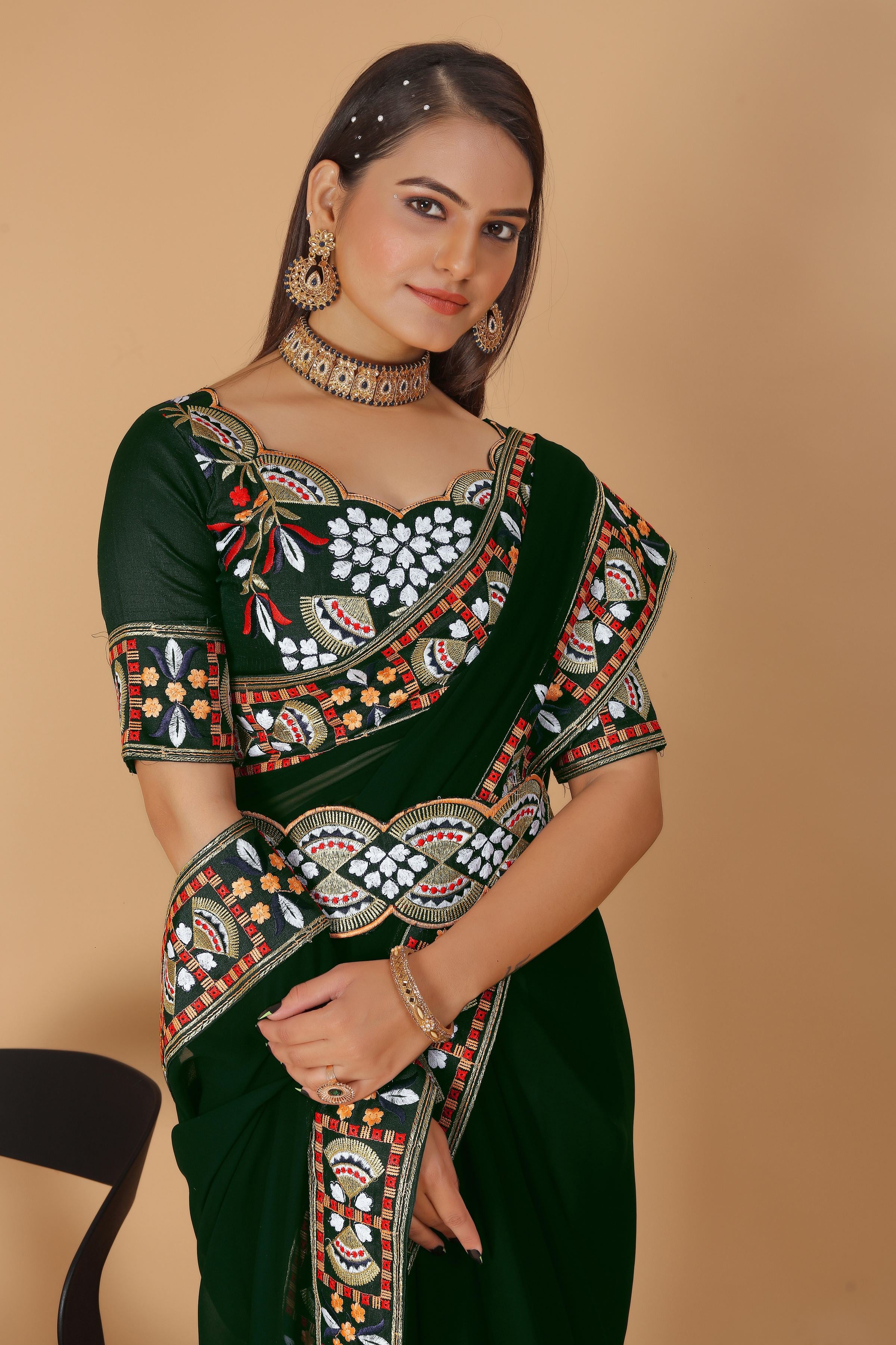 Bottle Green Georgette Saree with Heavy Ethnic Embroidery Border