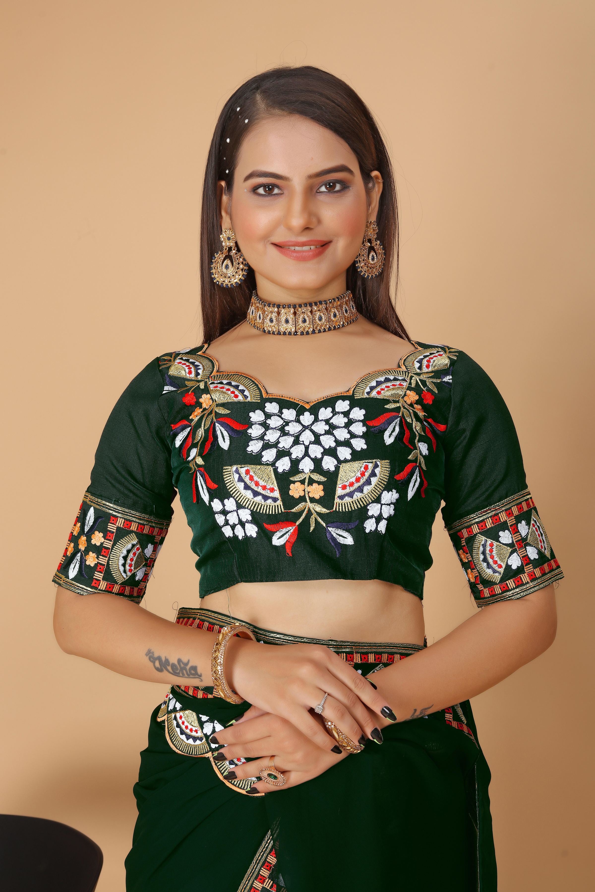 Bottle Green Georgette Saree with Heavy Ethnic Embroidery Border