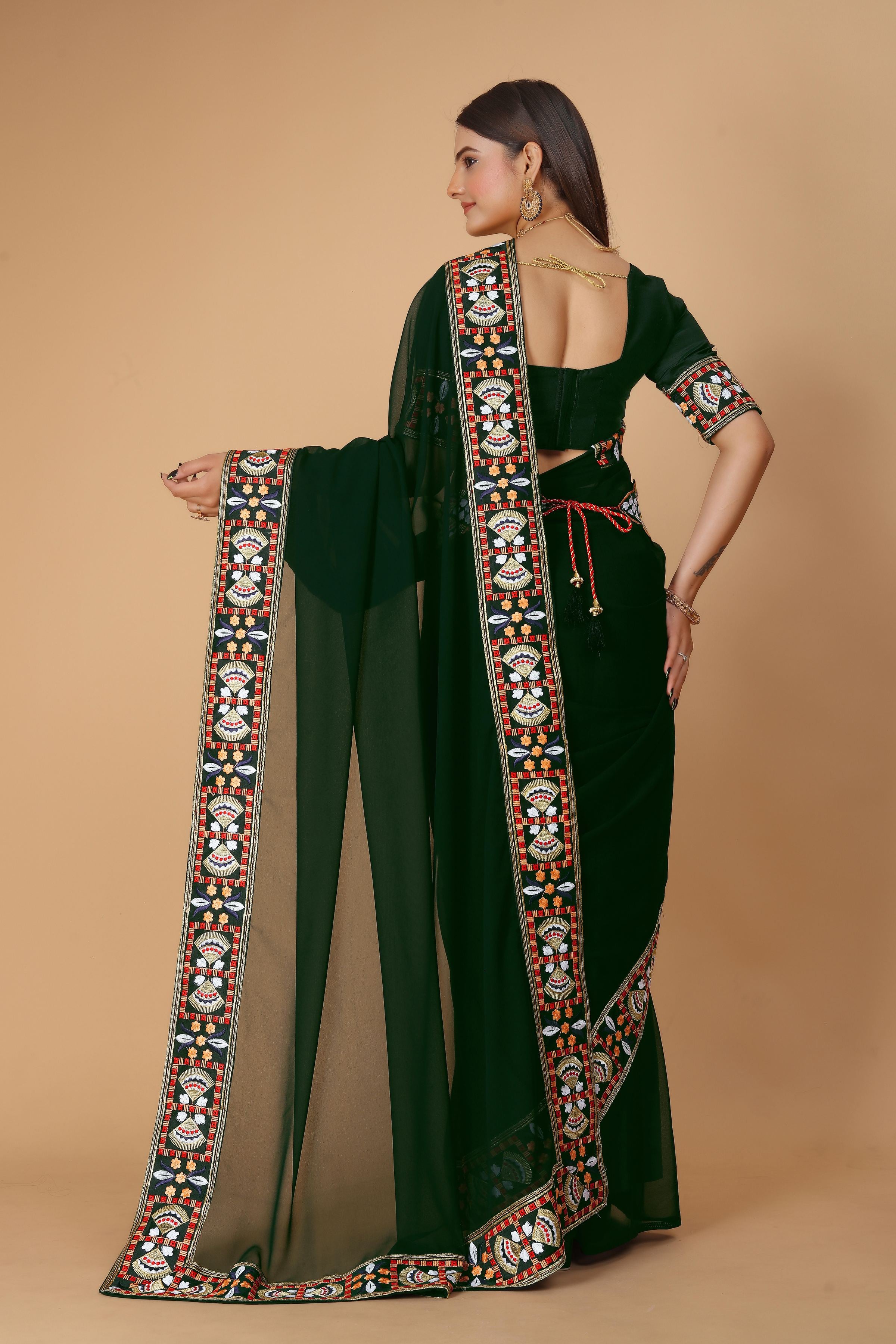 Bottle Green Georgette Saree with Heavy Ethnic Embroidery Border