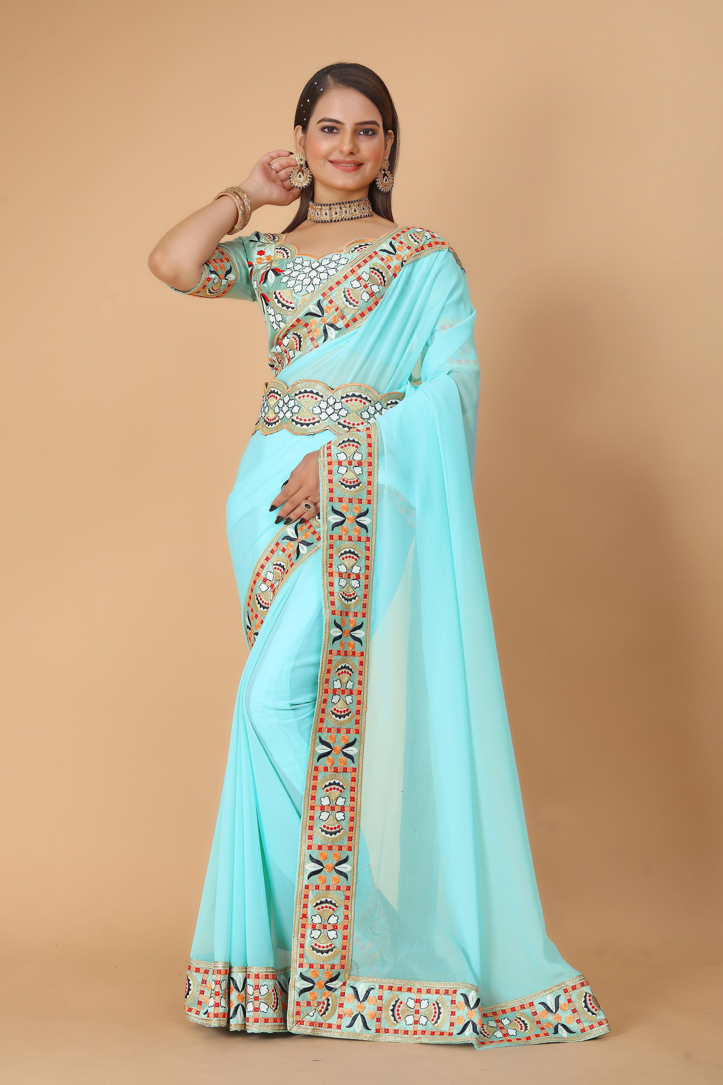 Light Blue Georgette Saree with Heavy Ethnic Embroidery Border