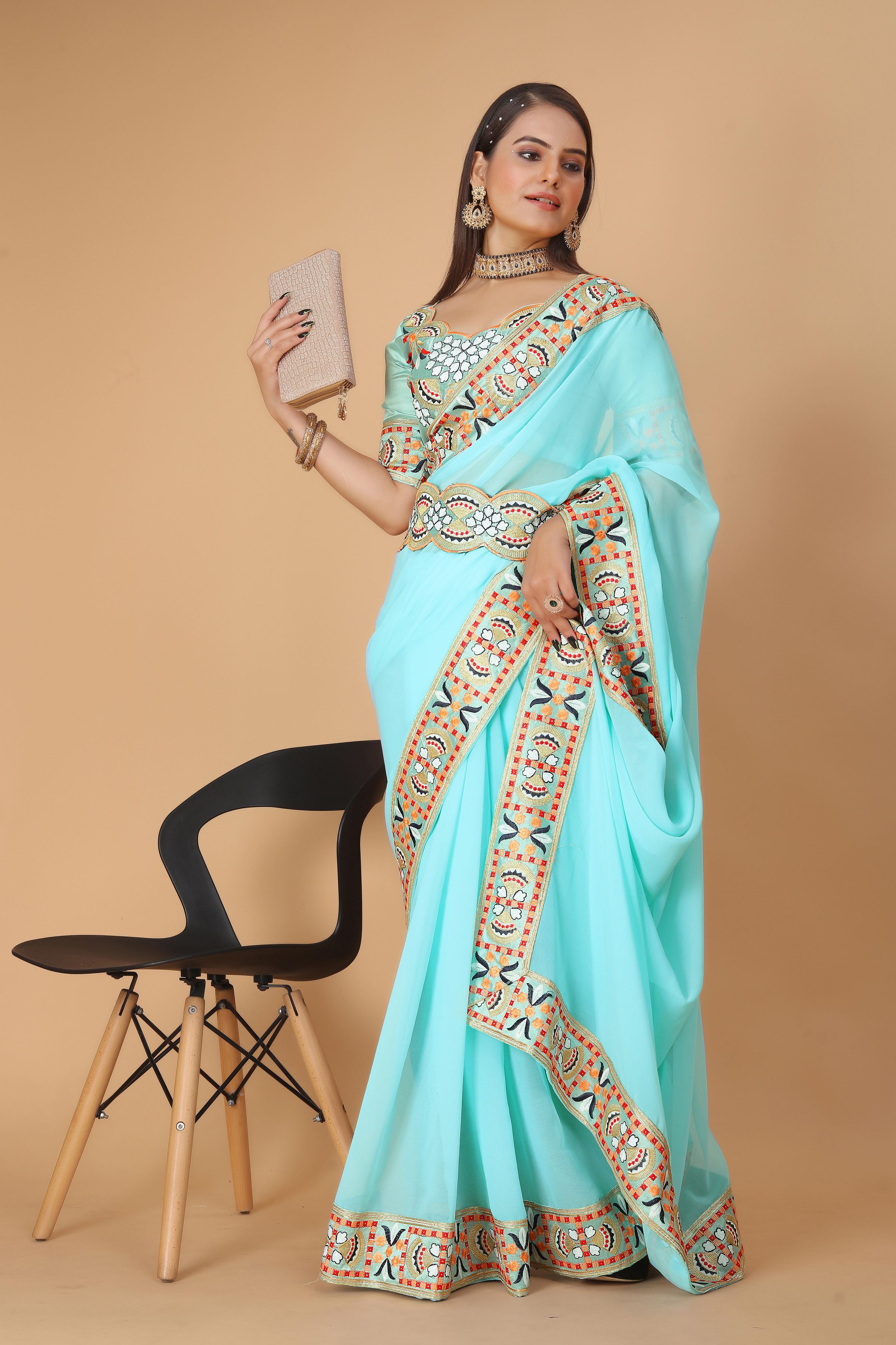Light Blue Georgette Saree with Heavy Ethnic Embroidery Border