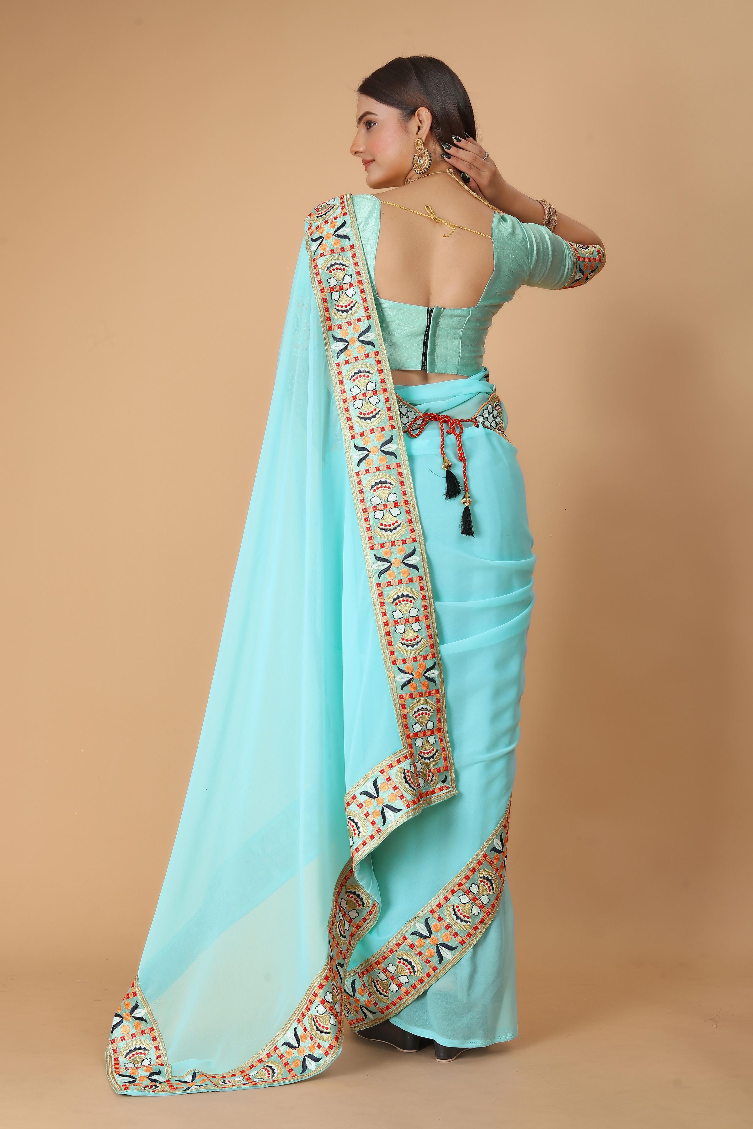 Light Blue Georgette Saree with Heavy Ethnic Embroidery Border