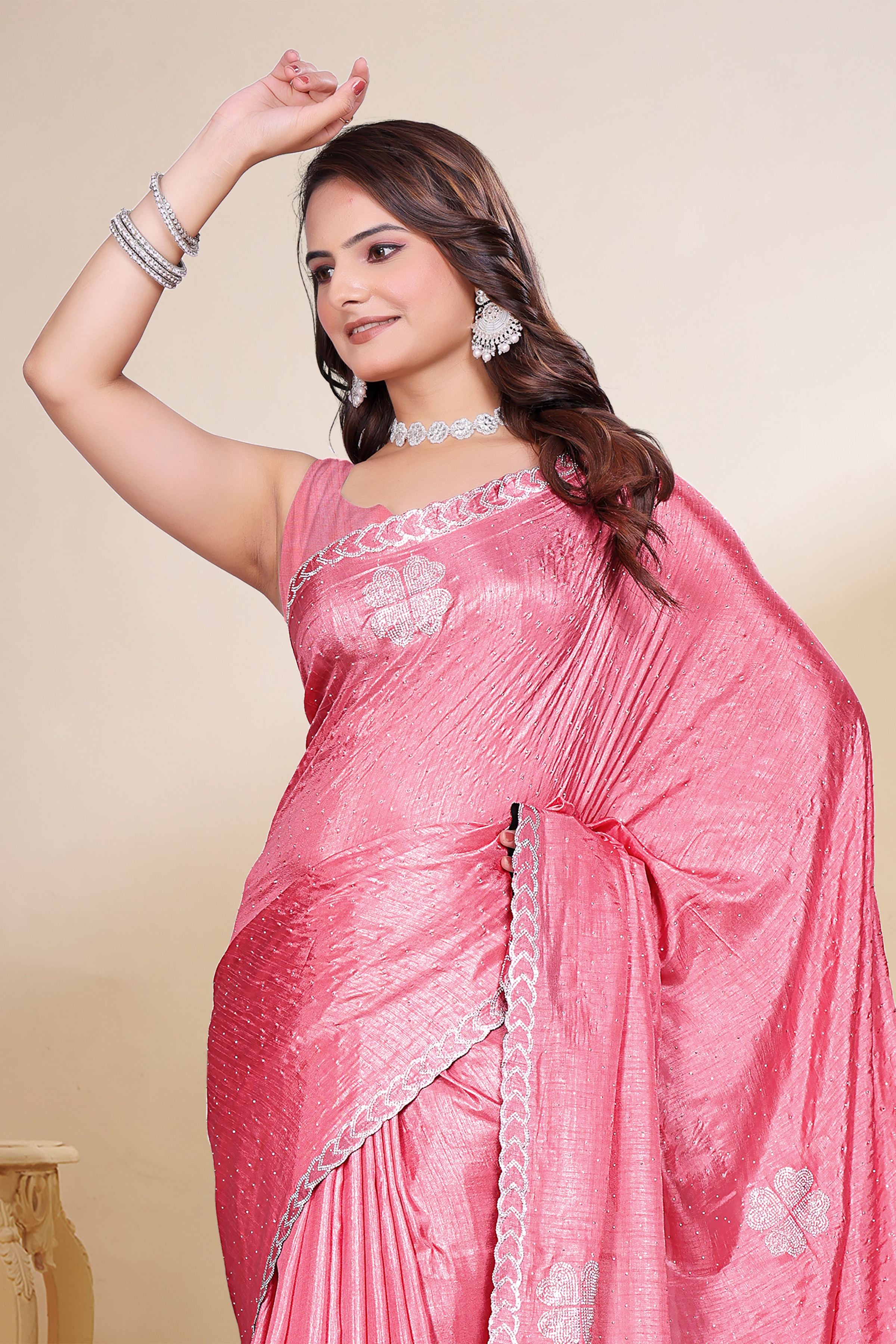 Rose Pink Diamond Work Georgette Designer Saree
