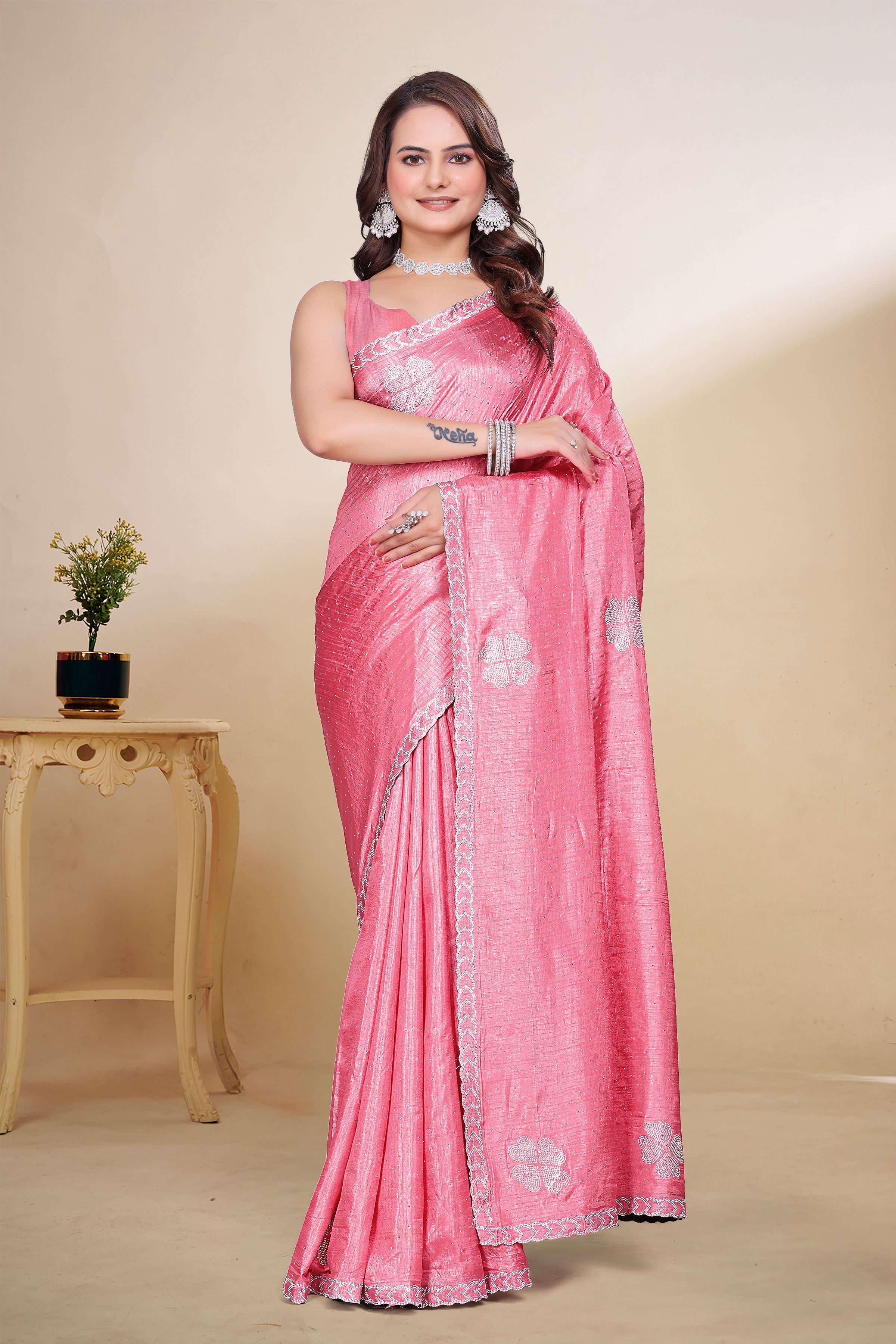 Rose Pink Diamond Work Georgette Designer Saree