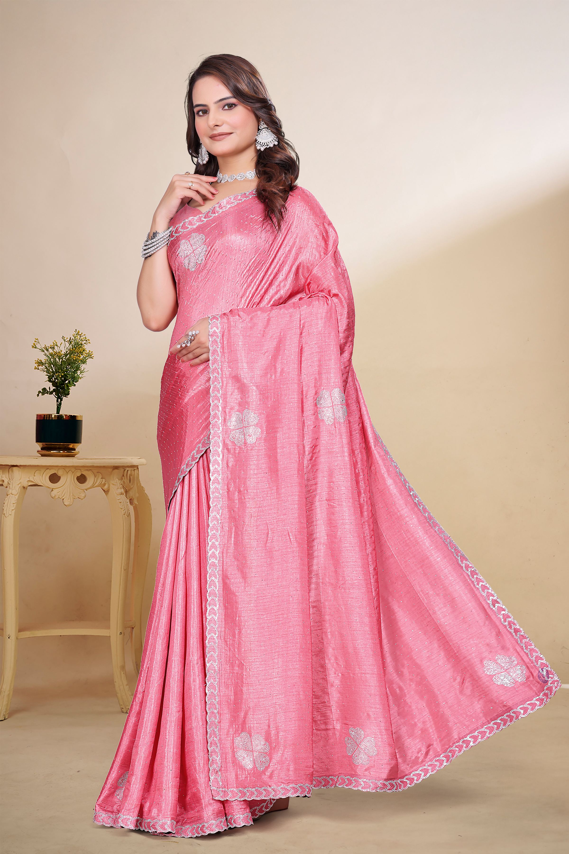 Rose Pink Diamond Work Georgette Designer Saree