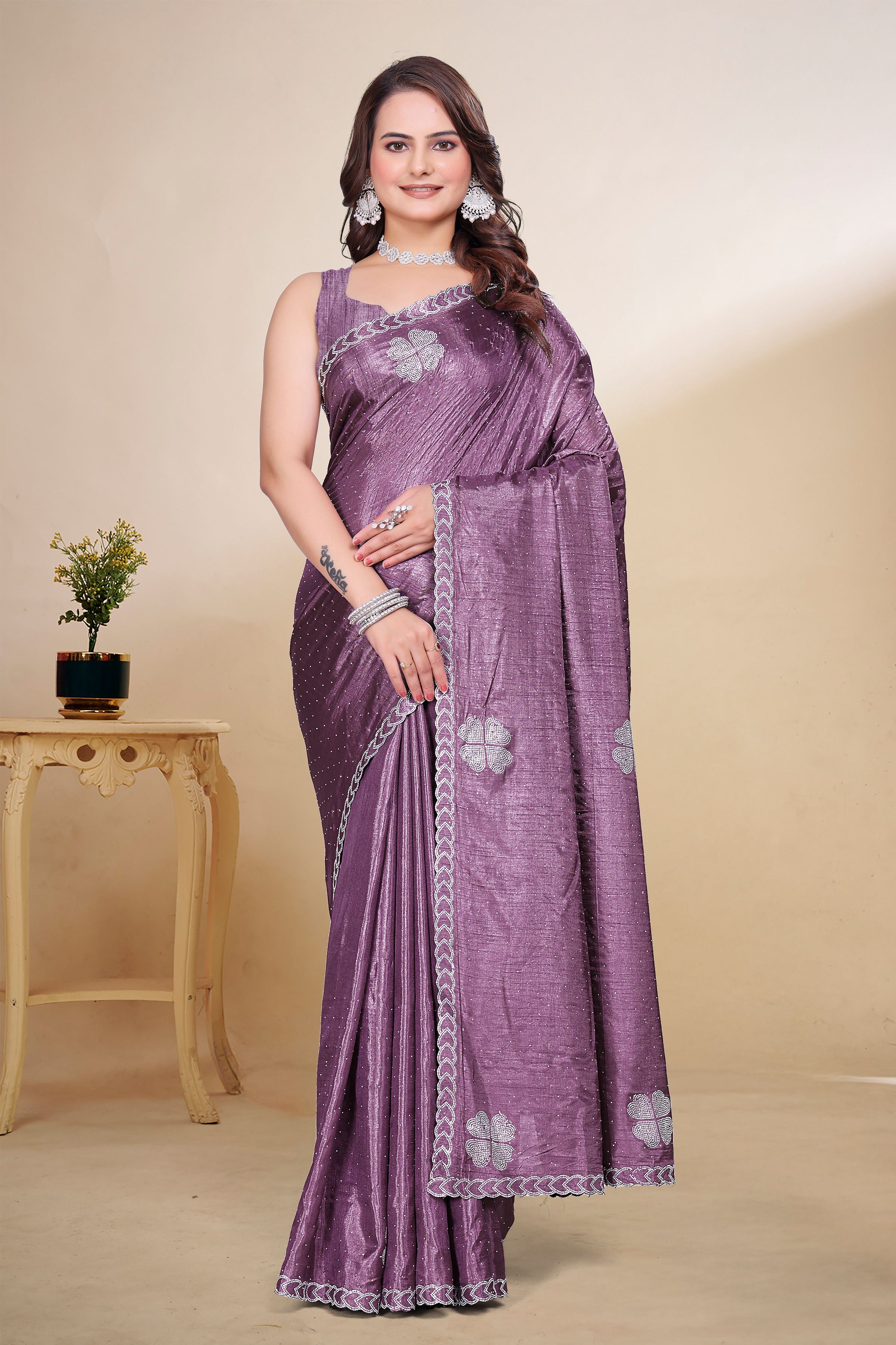 Mauve Diamond Work Georgette Designer Saree