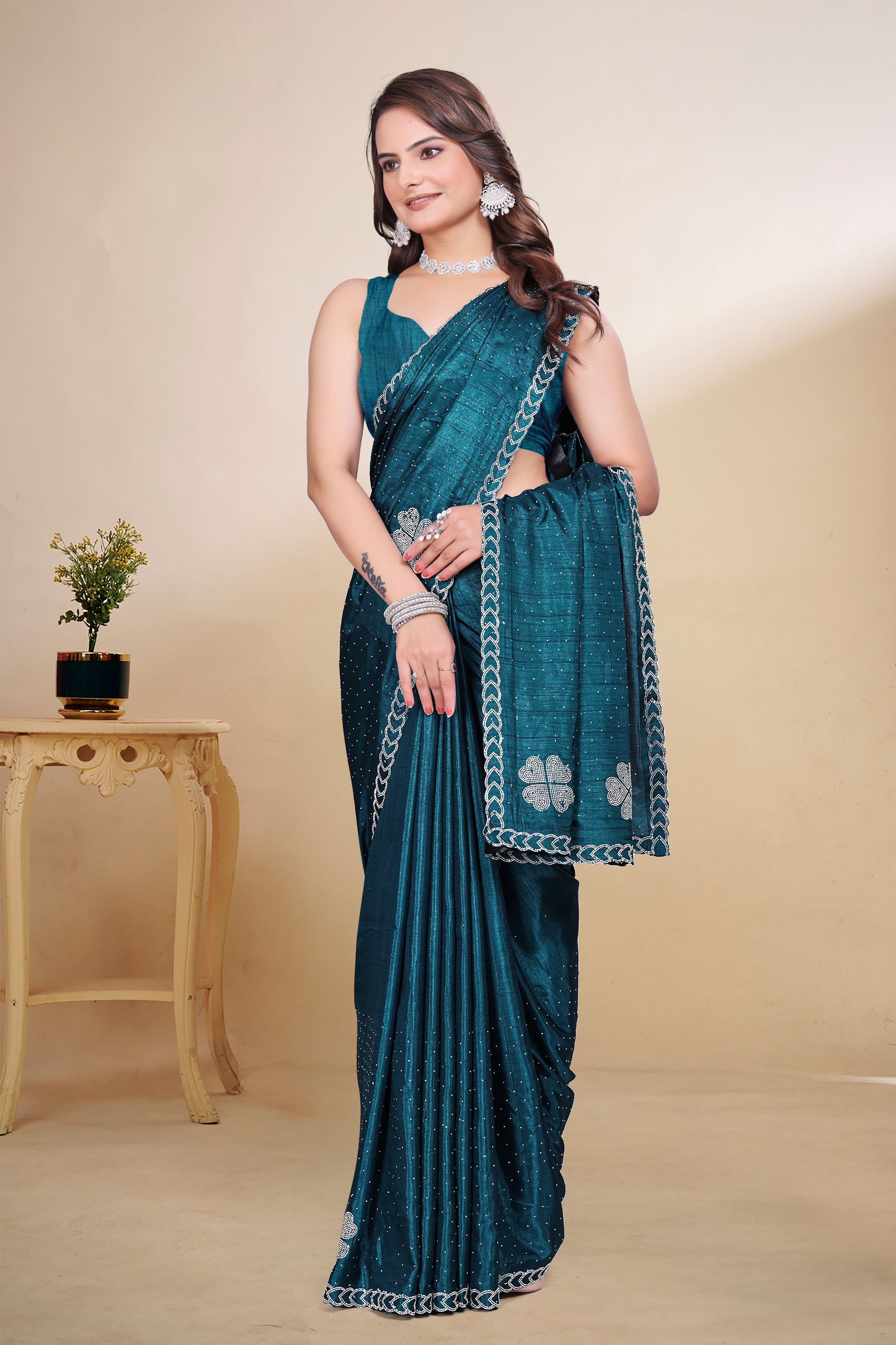 Teal Blue Diamond Work Georgette Designer Saree
