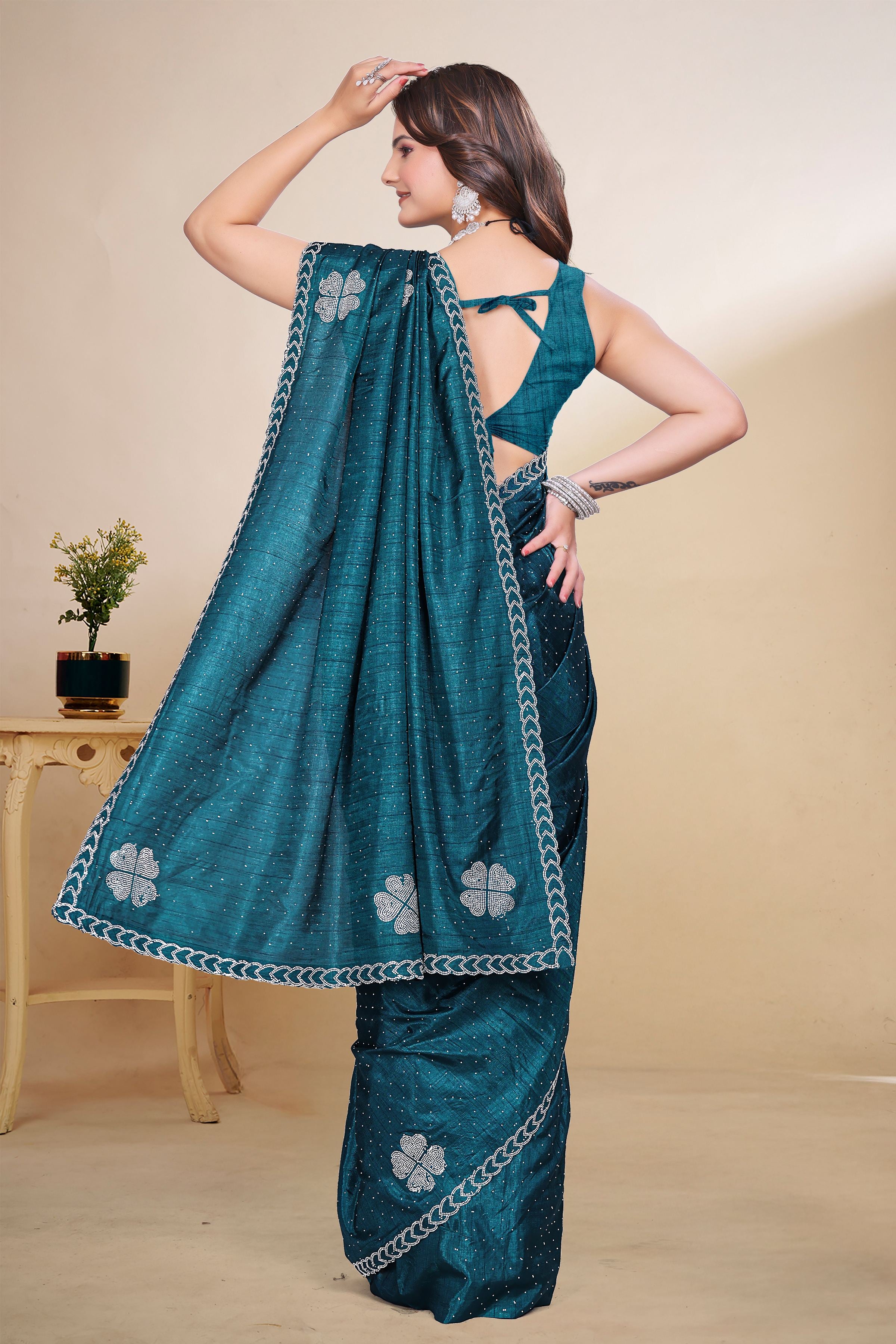 Teal Blue Diamond Work Georgette Designer Saree