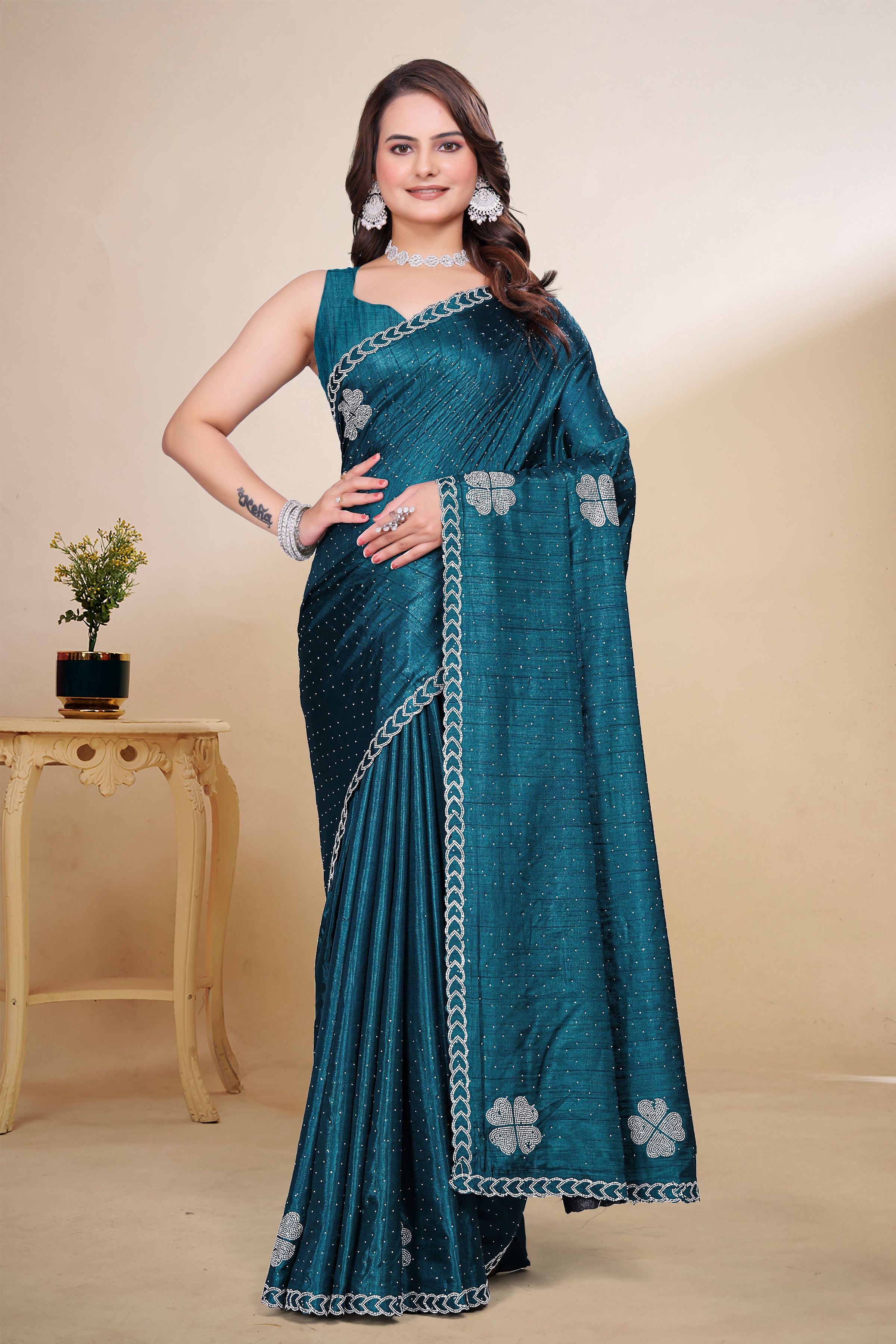 Teal Blue Diamond Work Georgette Designer Saree