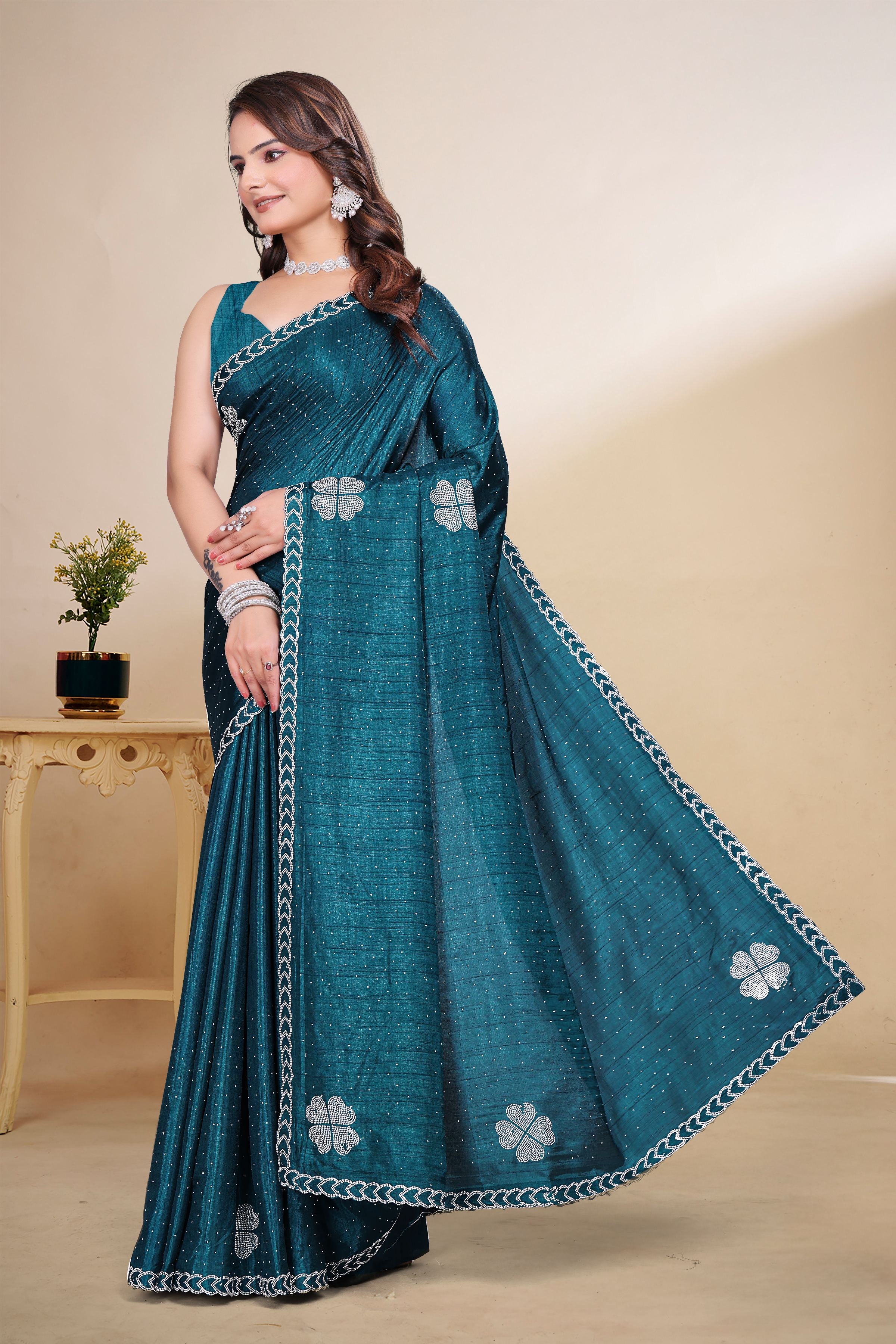 Teal Blue Diamond Work Georgette Designer Saree