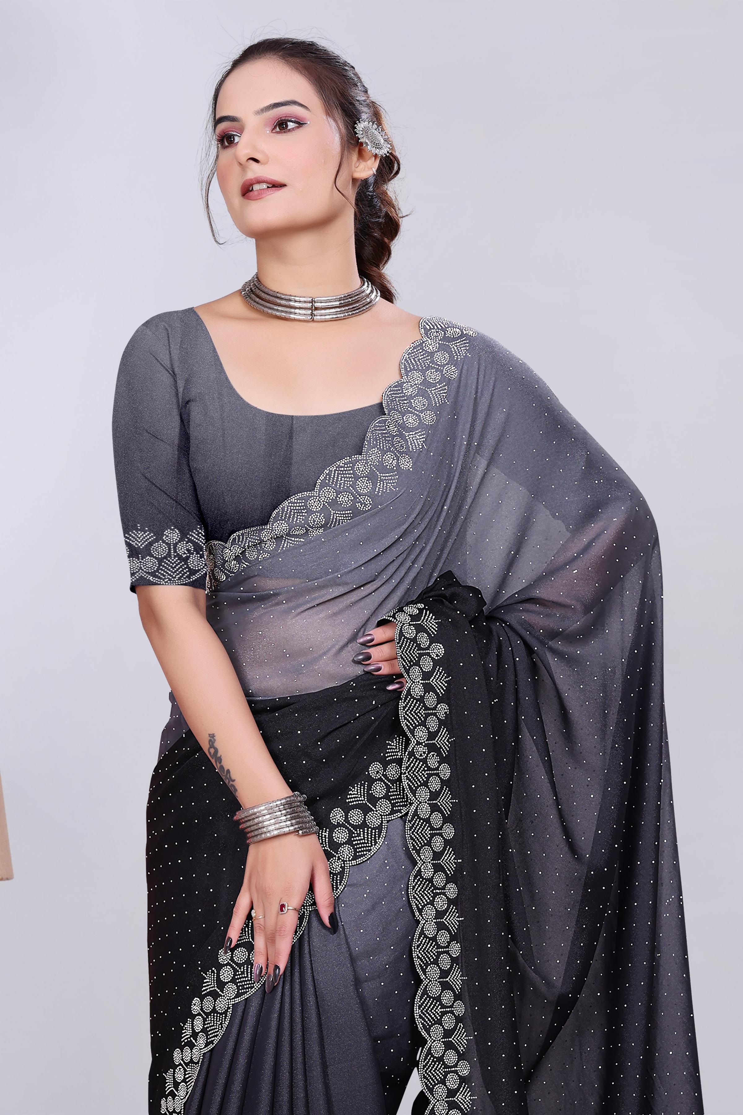 Charcoal Grey Diamond Work Chiffon Designer Saree