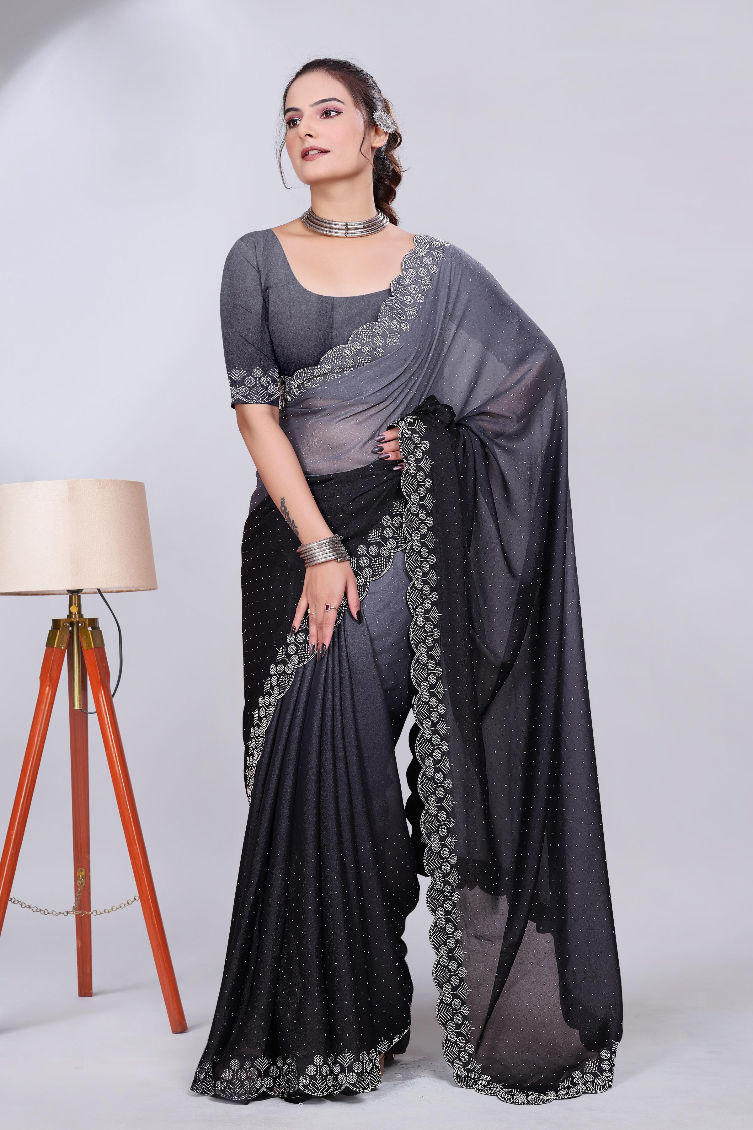 Charcoal Grey Diamond Work Chiffon Designer Saree