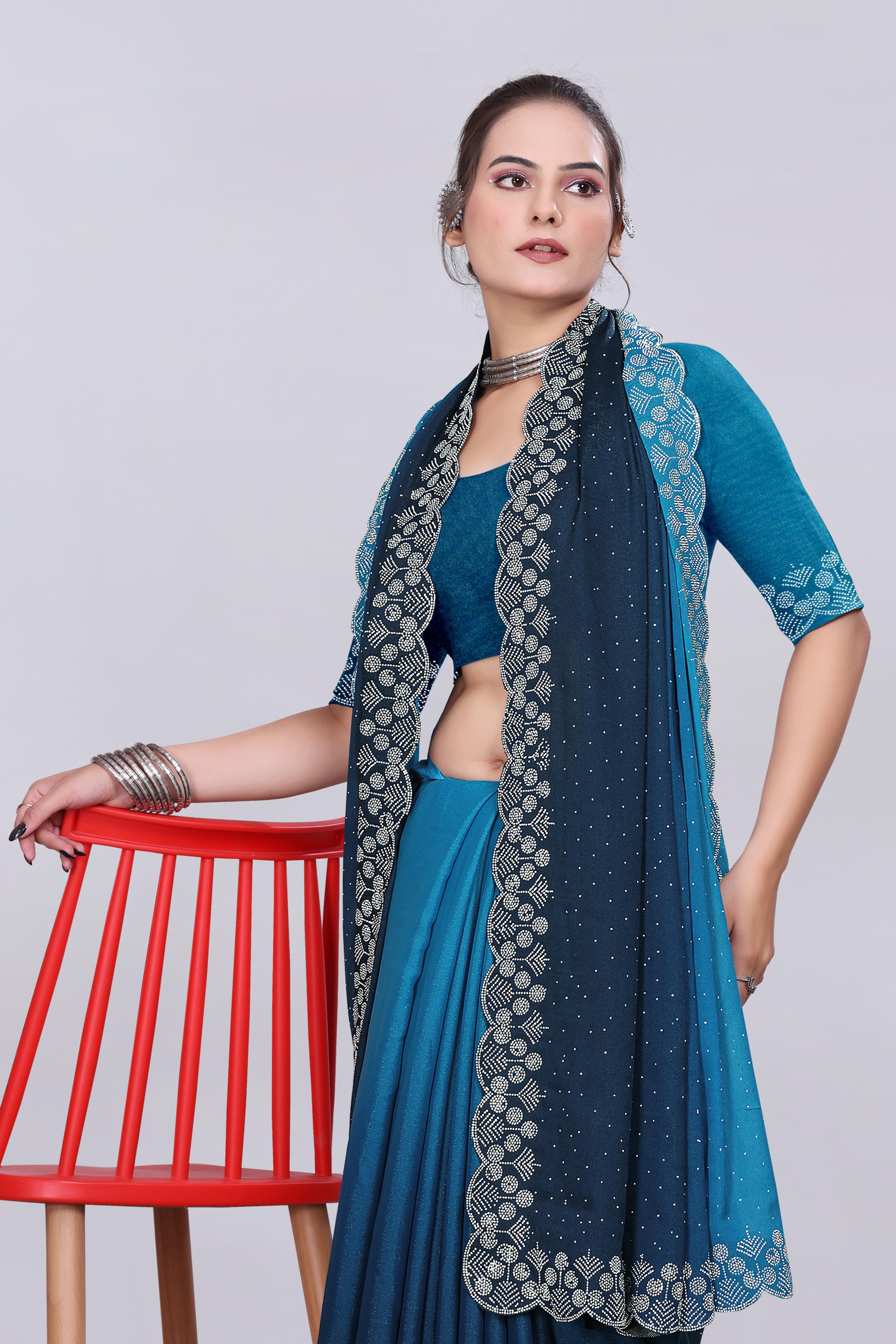 Peacock Blue Diamond Work Chiffon Designer Saree