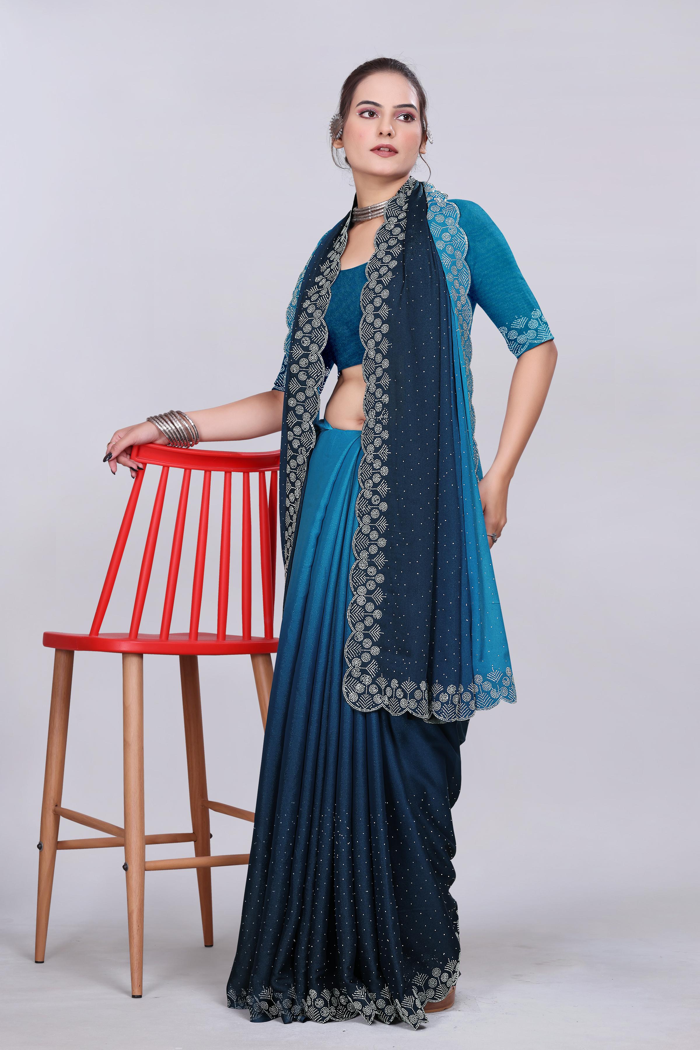 Peacock Blue Diamond Work Chiffon Designer Saree