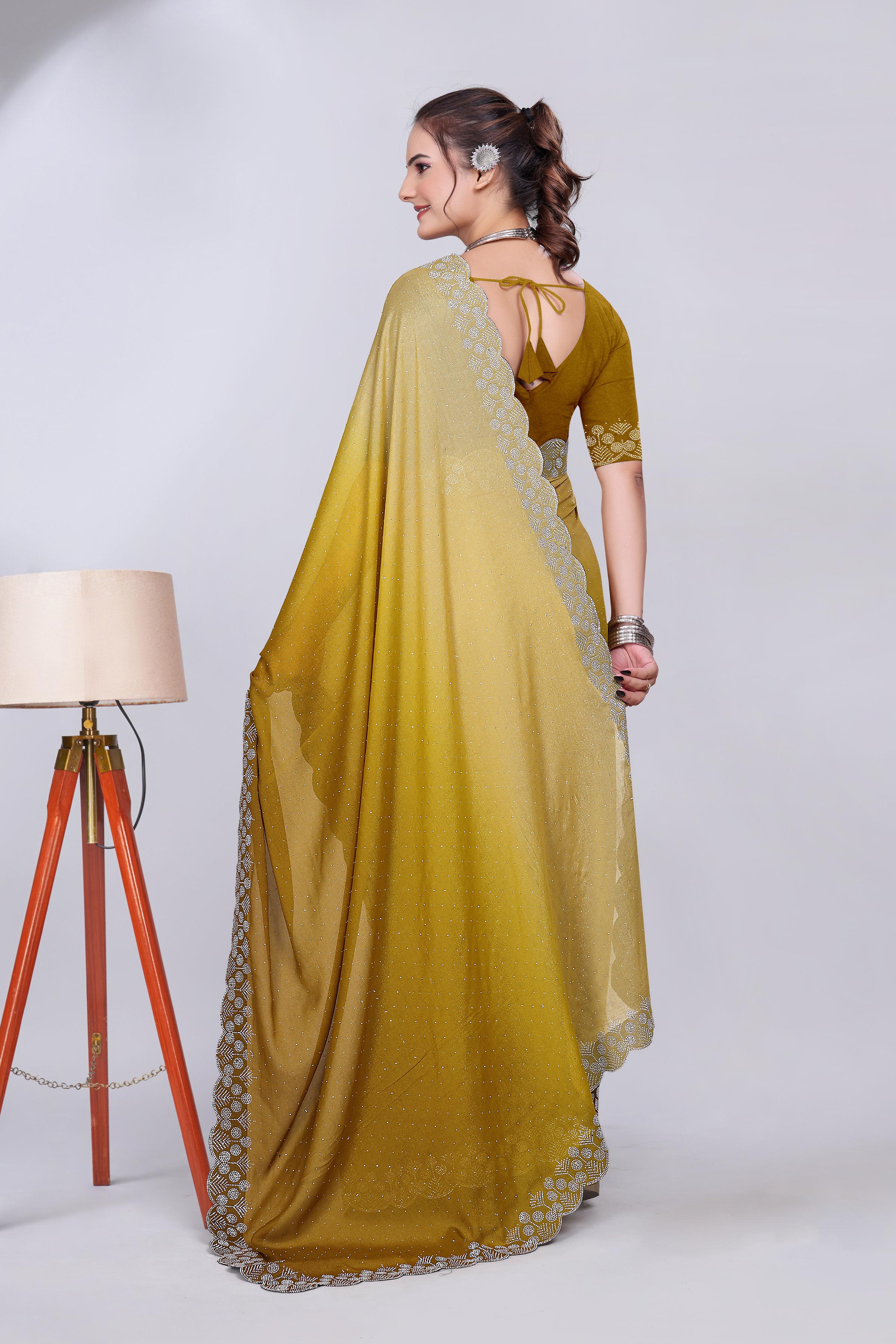 Mustard Yellow Diamond Work Chiffon Designer Saree