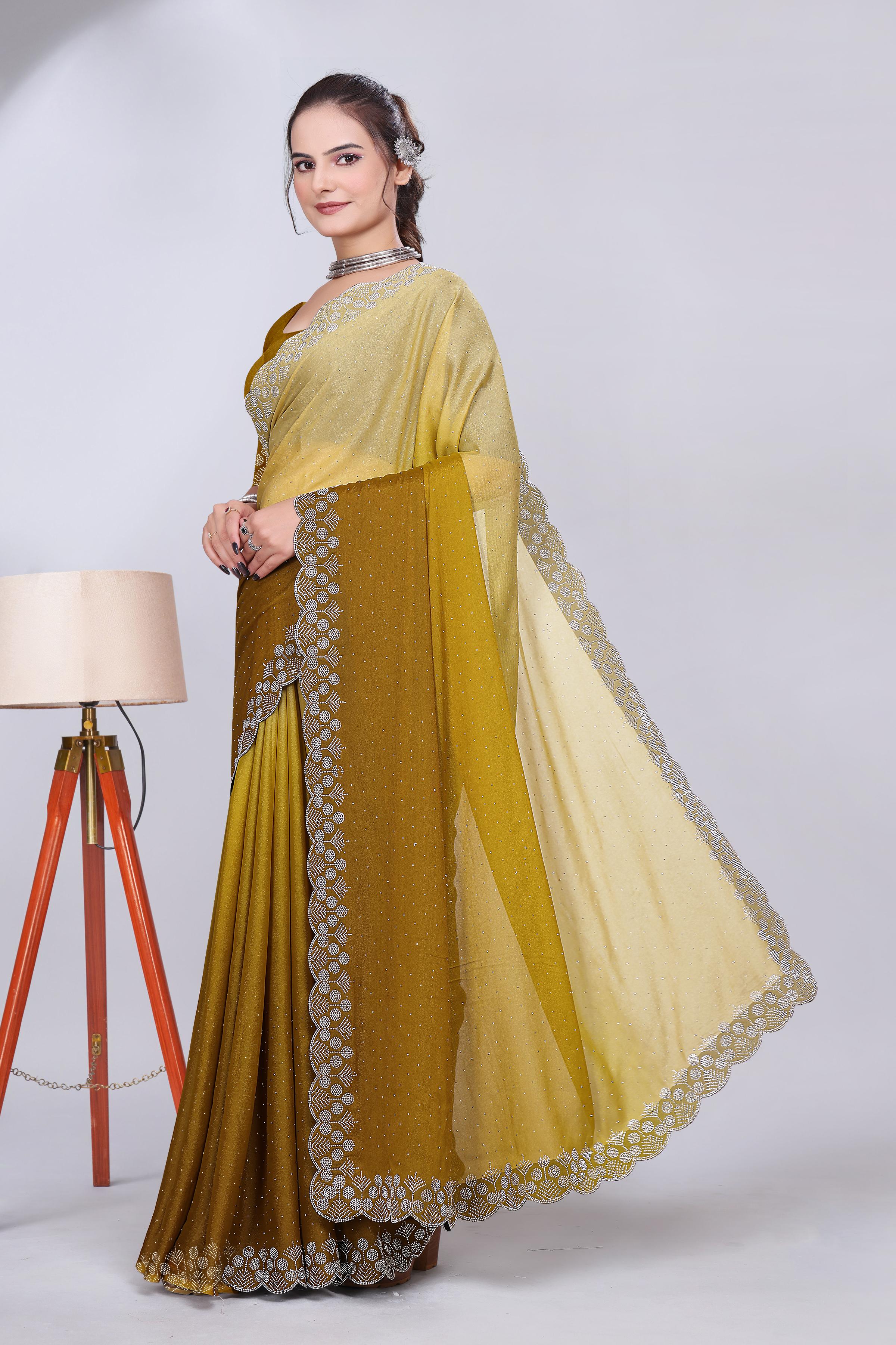 Mustard Yellow Diamond Work Chiffon Designer Saree
