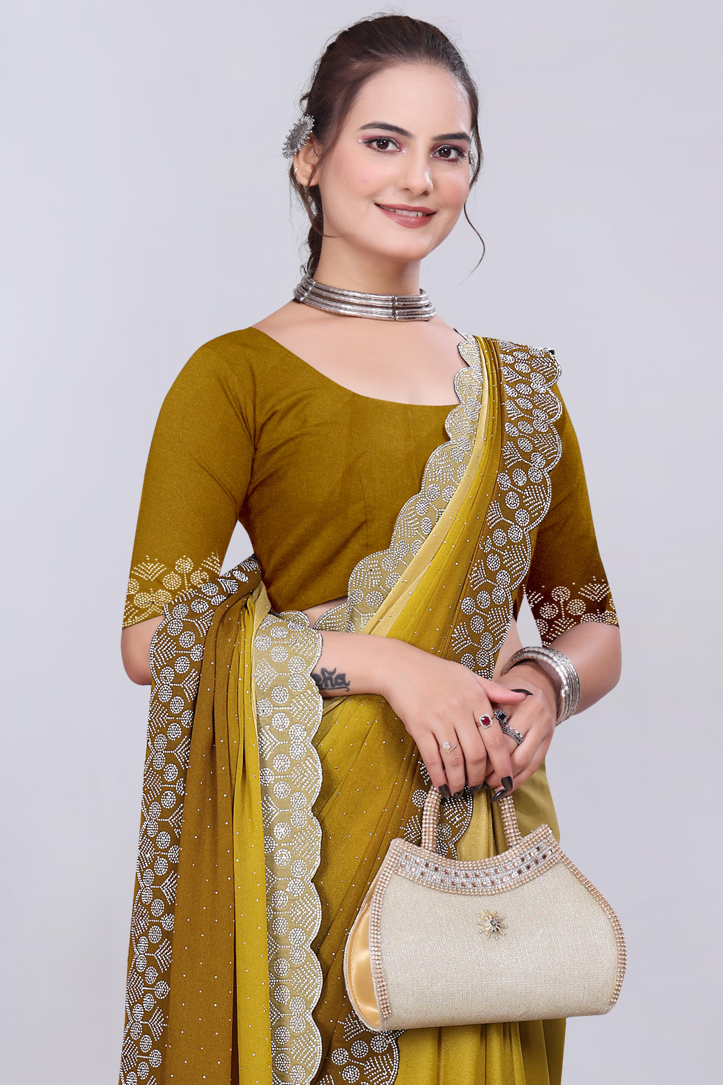 Mustard Yellow Diamond Work Chiffon Designer Saree
