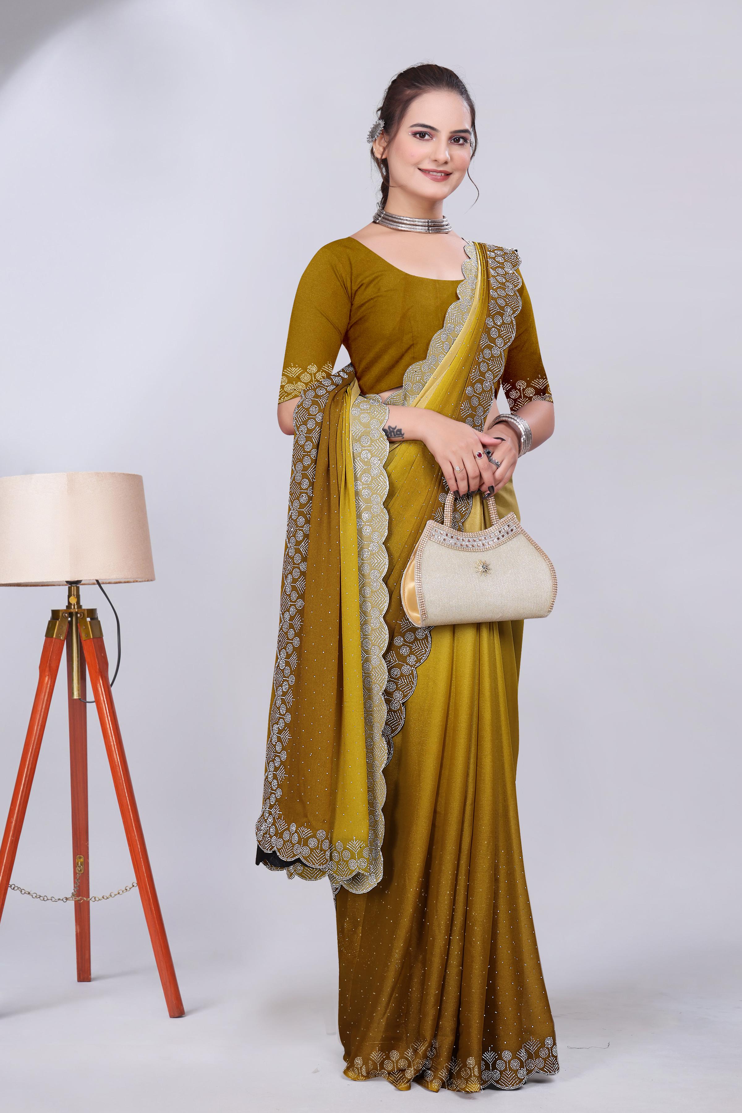 Mustard Yellow Diamond Work Chiffon Designer Saree
